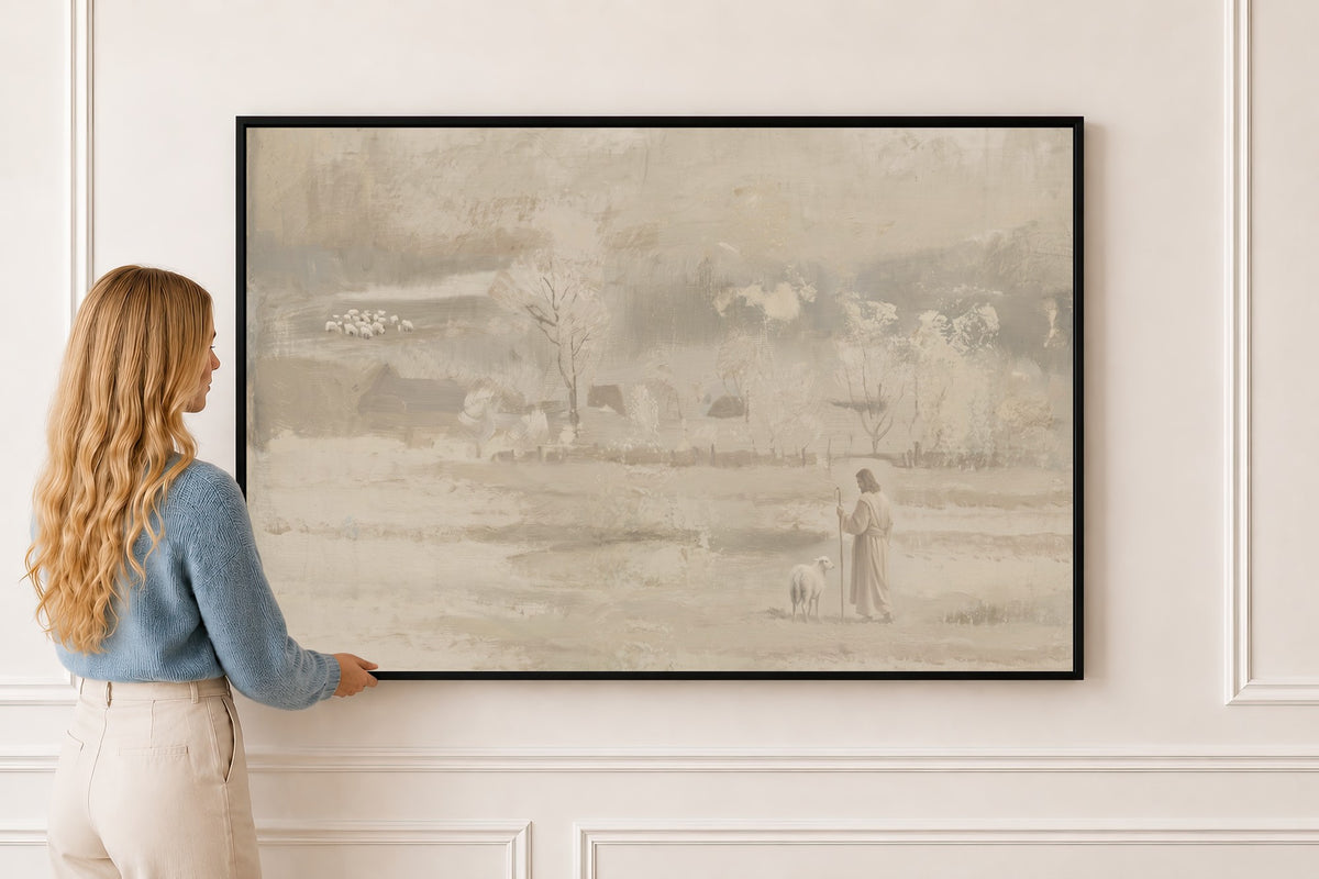 Farmhouse Faith, Muted Winter — Scripture Wall Art in a black frame