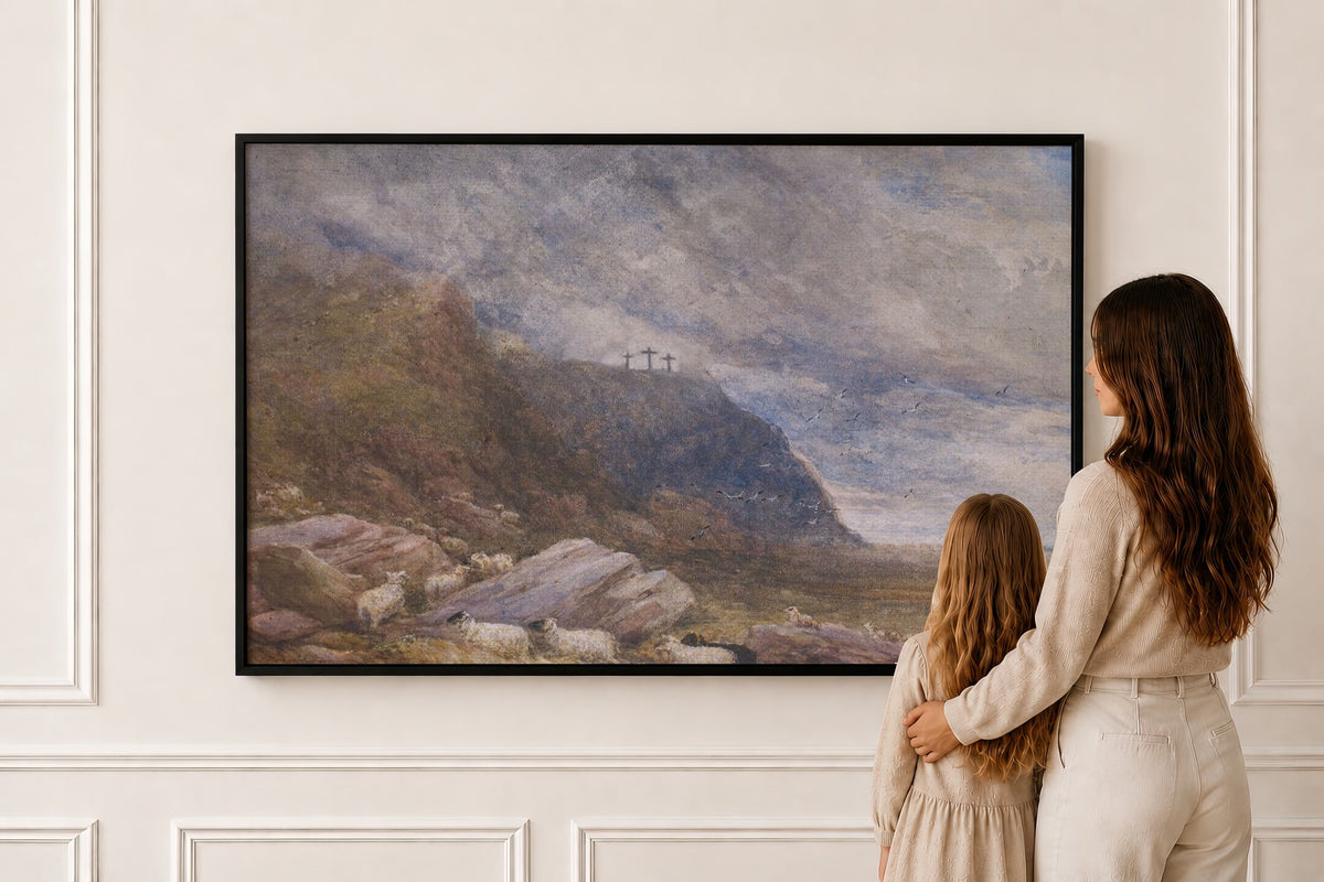Calvary, Three Crosses — Scripture Wall Art in a black frame