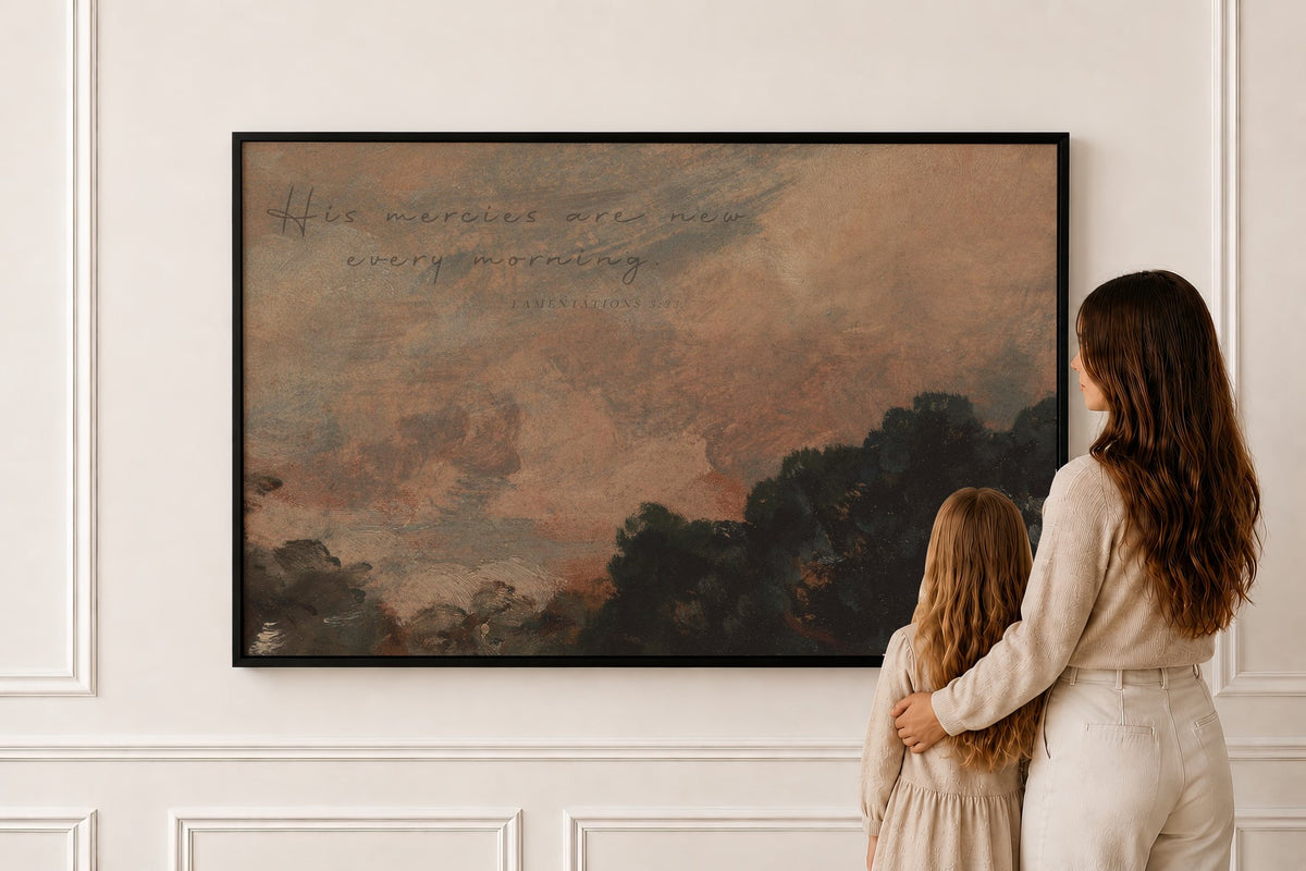 His Mercies Are New — Lamentations 3:23 in a black frame