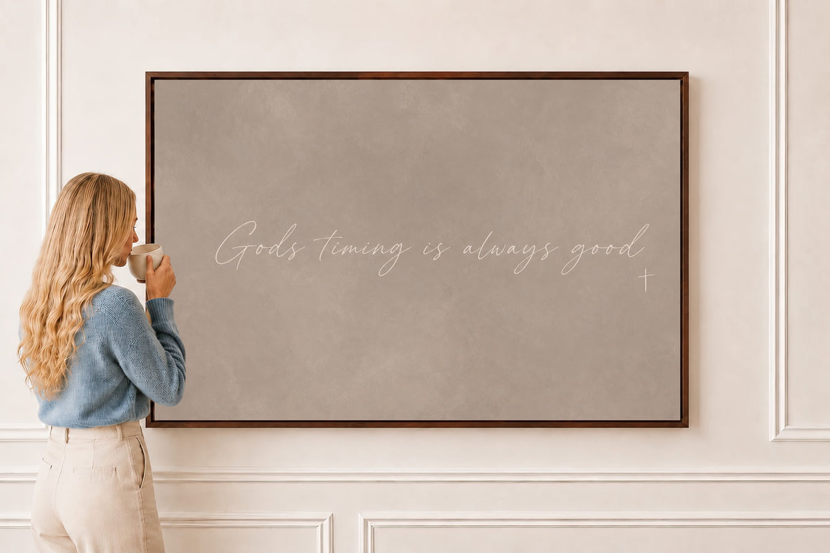 God's Timing Is Always Good — Scripture Wall Art in a brown frame