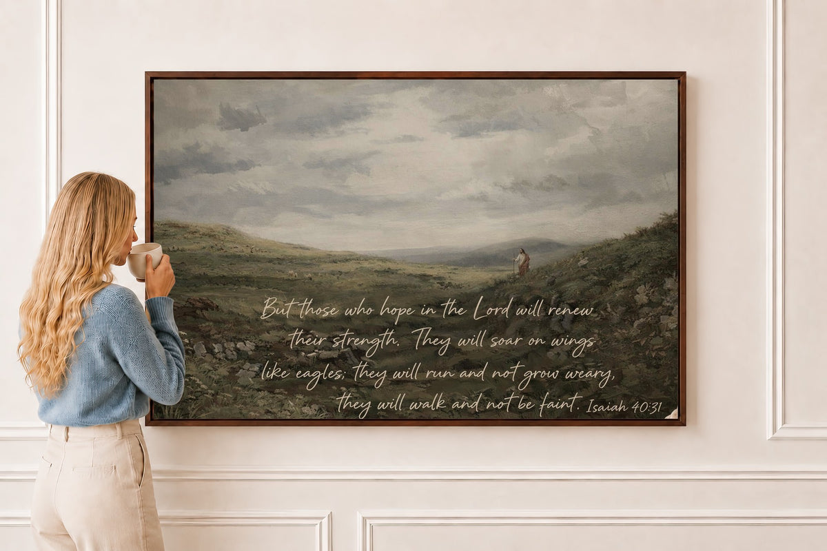 Shepherd Landscape — Isaiah 40:31 in a brown frame