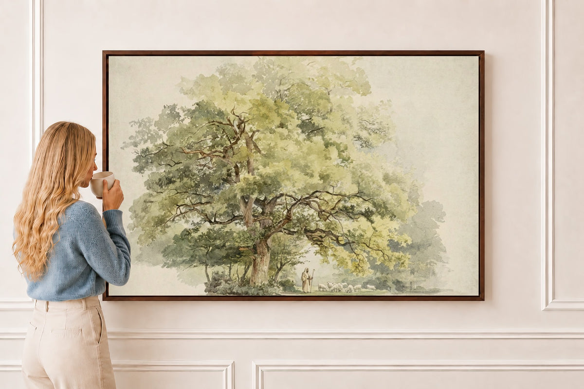 Good Shepherd, Oak Tree — Psalm 23 in a brown frame