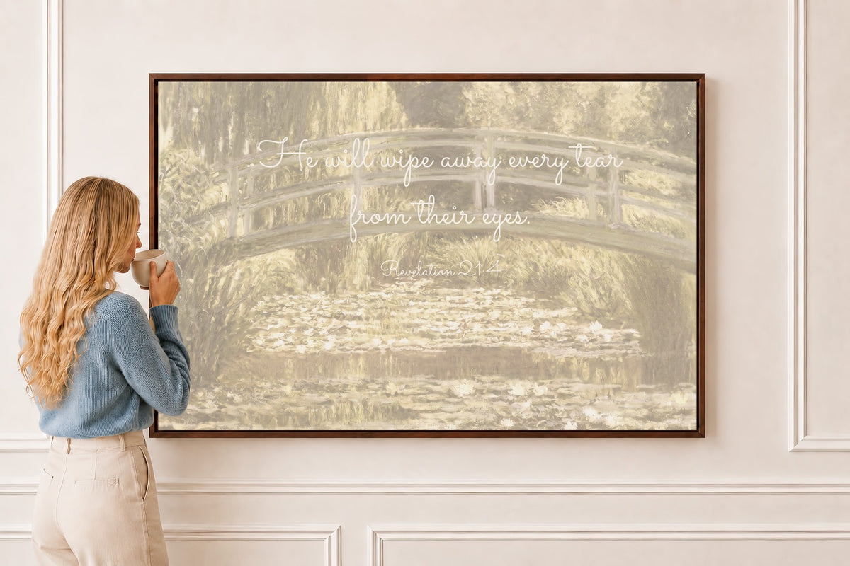 Garden Bridge Memorial — Revelation 21:4 in a brown frame