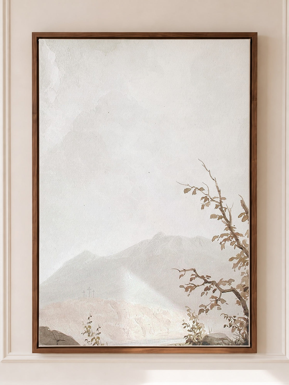 Calvary, Mountain Scene — Scripture Wall Art in a brown frame