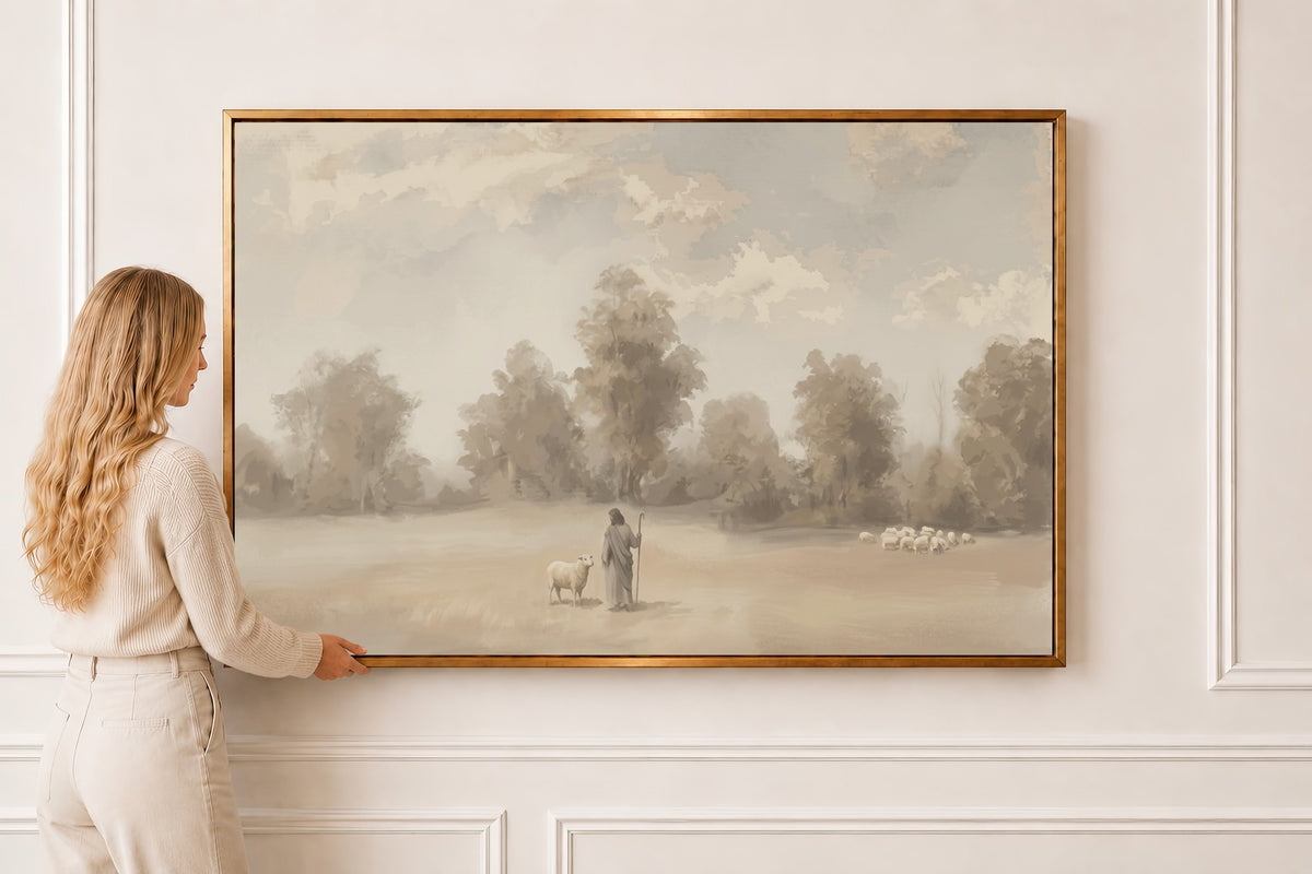 Be Still, Hazy Treeline — Psalm 46:10 in a gold frame