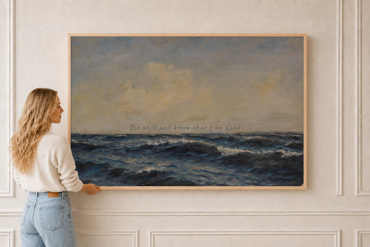 Be Still and Know, Ocean — Psalm 46:10 in a natural oak frame