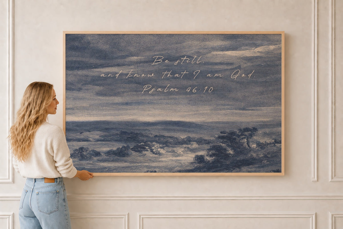 Be Still and Know — Psalm 46:10 Scripture Wall Art in a natural oak frame