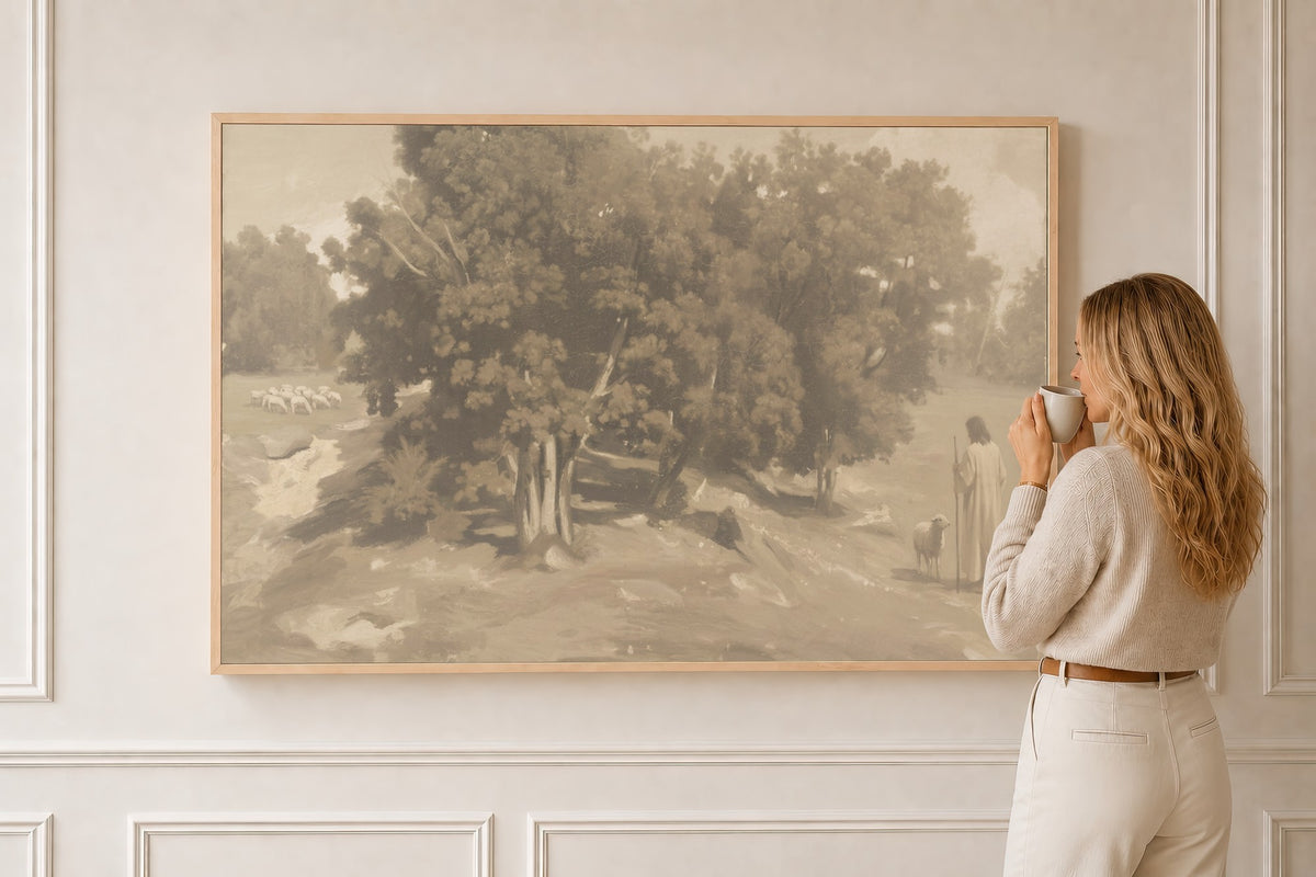 Be Still, Corot Oak Grove — Psalm 46:10 in a natural oak frame