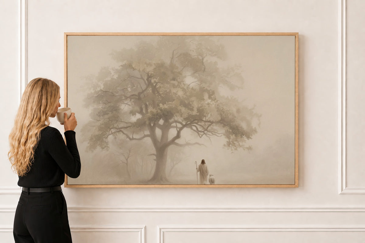 Good Shepherd, Oak Canopy — Psalm 23 in a natural oak frame