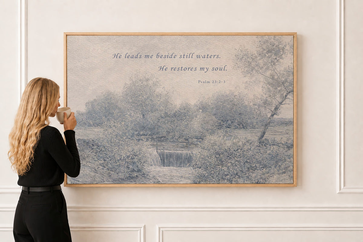 He Leads Me Beside Still Waters — Psalm 23 Scripture Wall Art in a natural oak frame