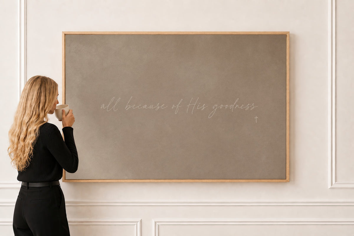 All Because of His Goodness — Scripture Wall Art in a natural oak frame