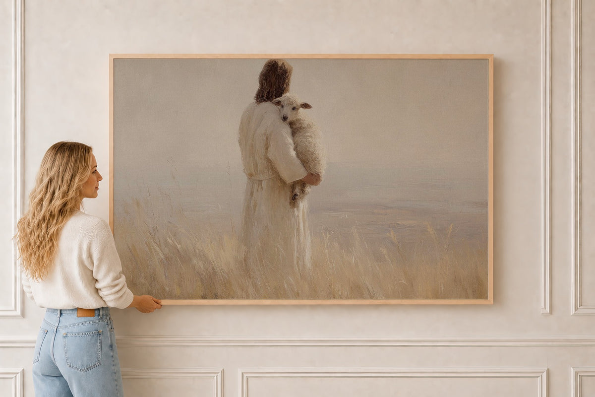 Jesus Holding the Lamb — Psalm 23 in a natural oak frame