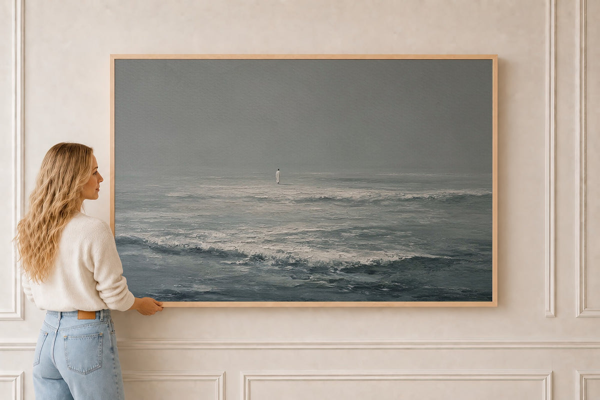 Jesus Walks on Water — Christian Ocean Wall Art in a natural oak frame