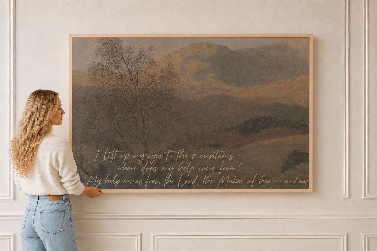 Mountain Landscape — Psalm 121 in a natural oak frame