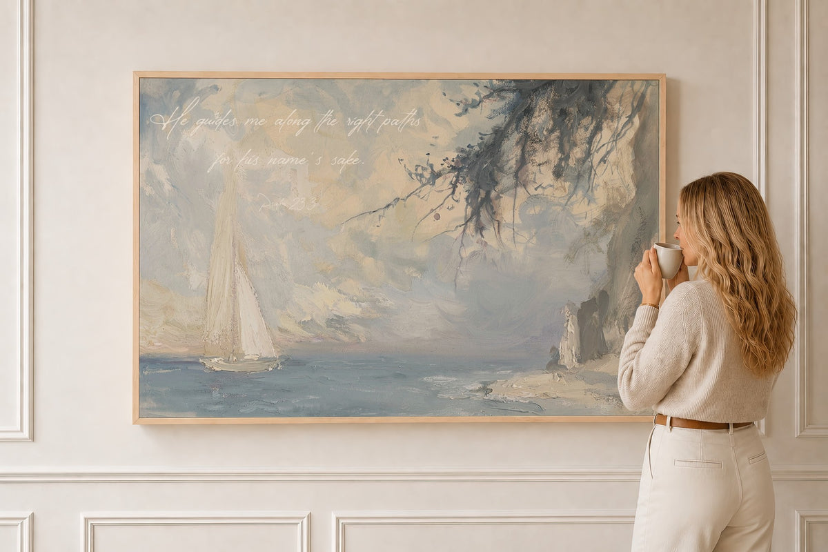 Coastal Sailboat — Psalm 23:3 in a natural oak frame