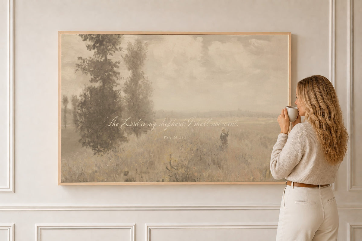 Good Shepherd, Monet Poppy Field — Psalm 23 in a natural oak frame