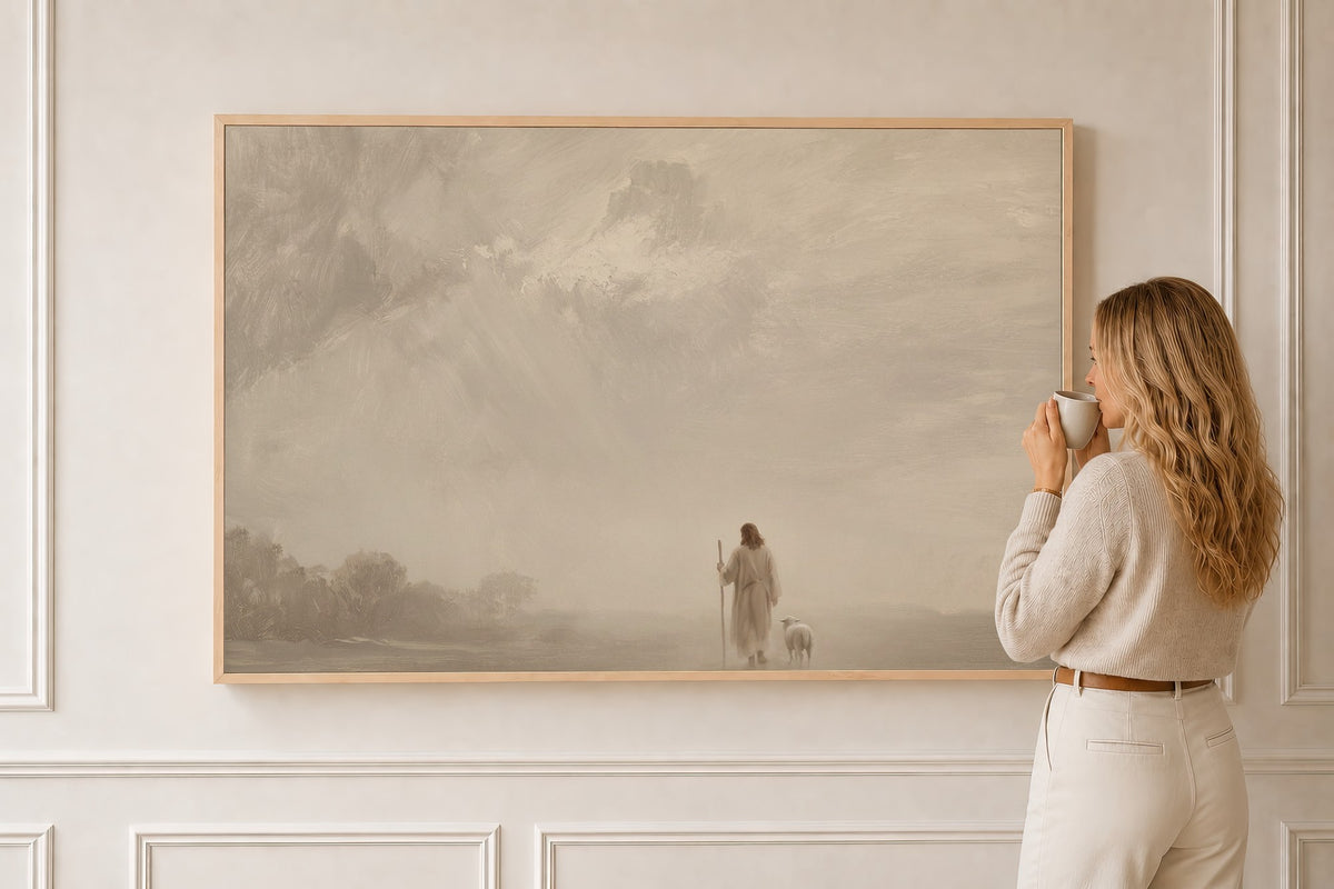 Veiled Shepherd — Psalm 23 Stormy Sky in a natural oak frame