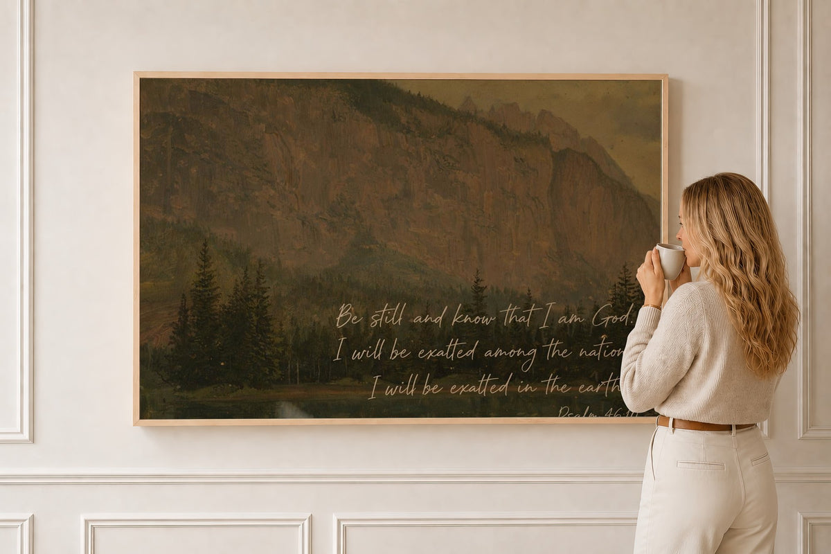 Be Still and Know, Vintage Mountain — Psalm 46:10 in a natural oak frame