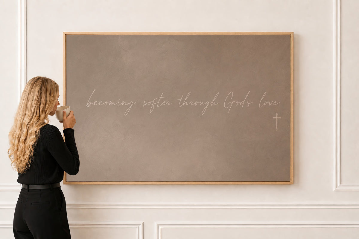 Becoming Softer Through His Love — Scripture Wall Art in a natural oak frame