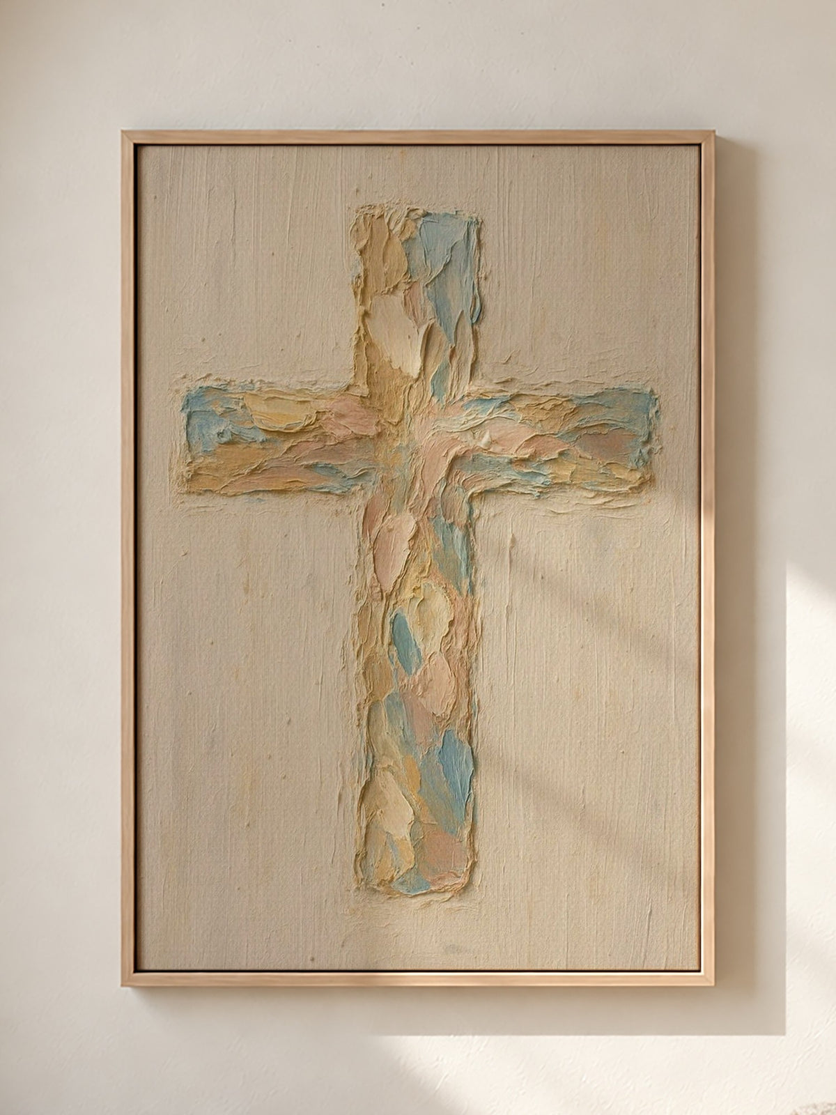 Pastel Christian Cross Wall Art — Abstract Canvas Print in a natural oak frame