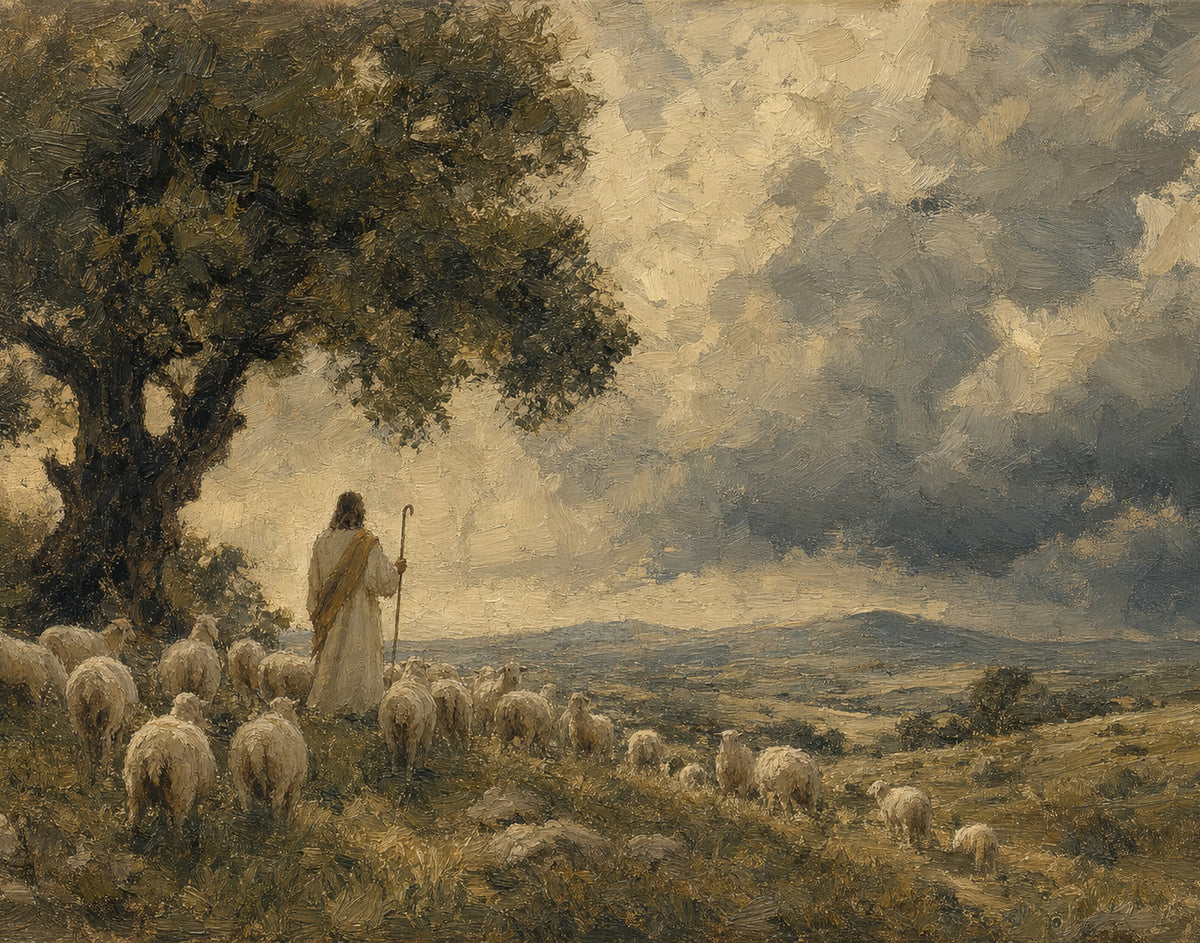 Jesus the Good Shepherd with His flock beneath an oak tree, gallery board artwork