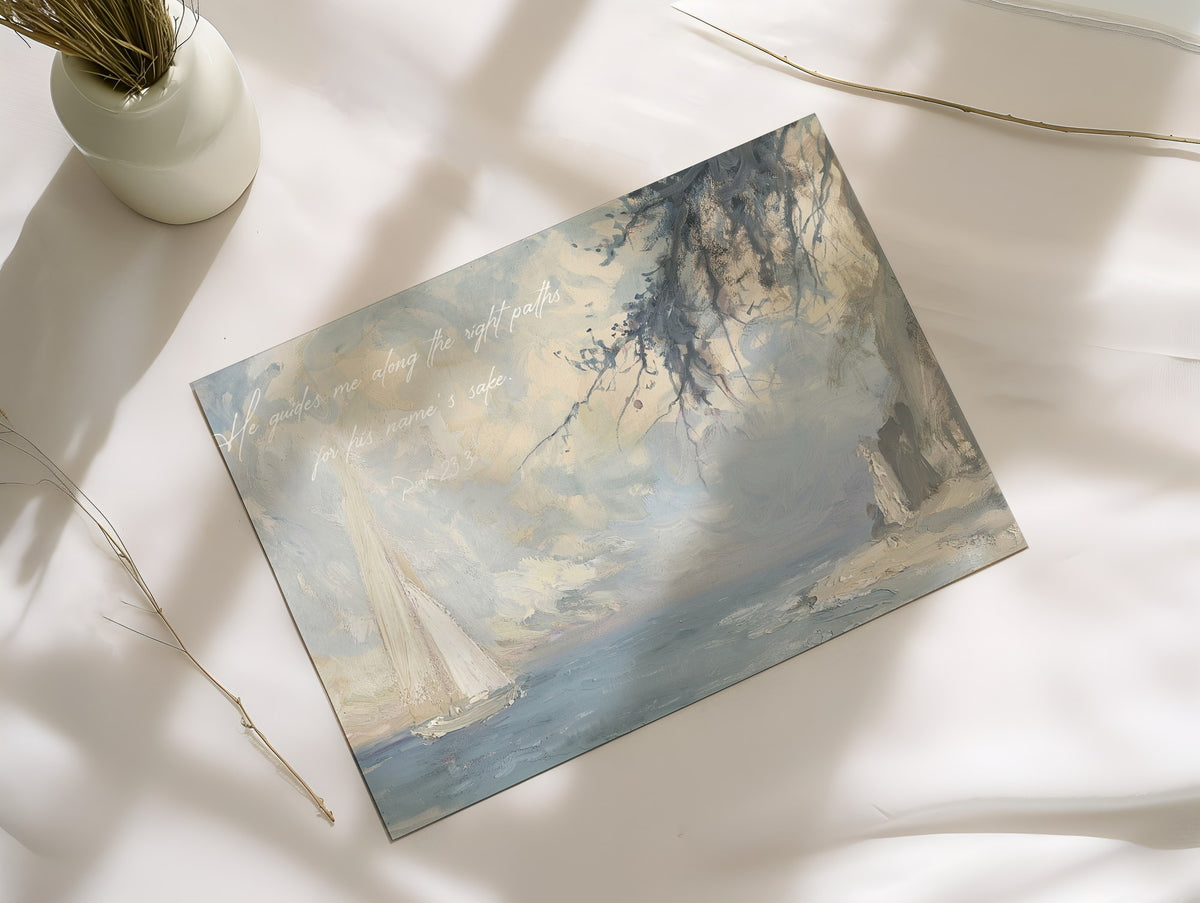 Coastal Sailboat — Psalm 23:3 as an unframed matte paper print