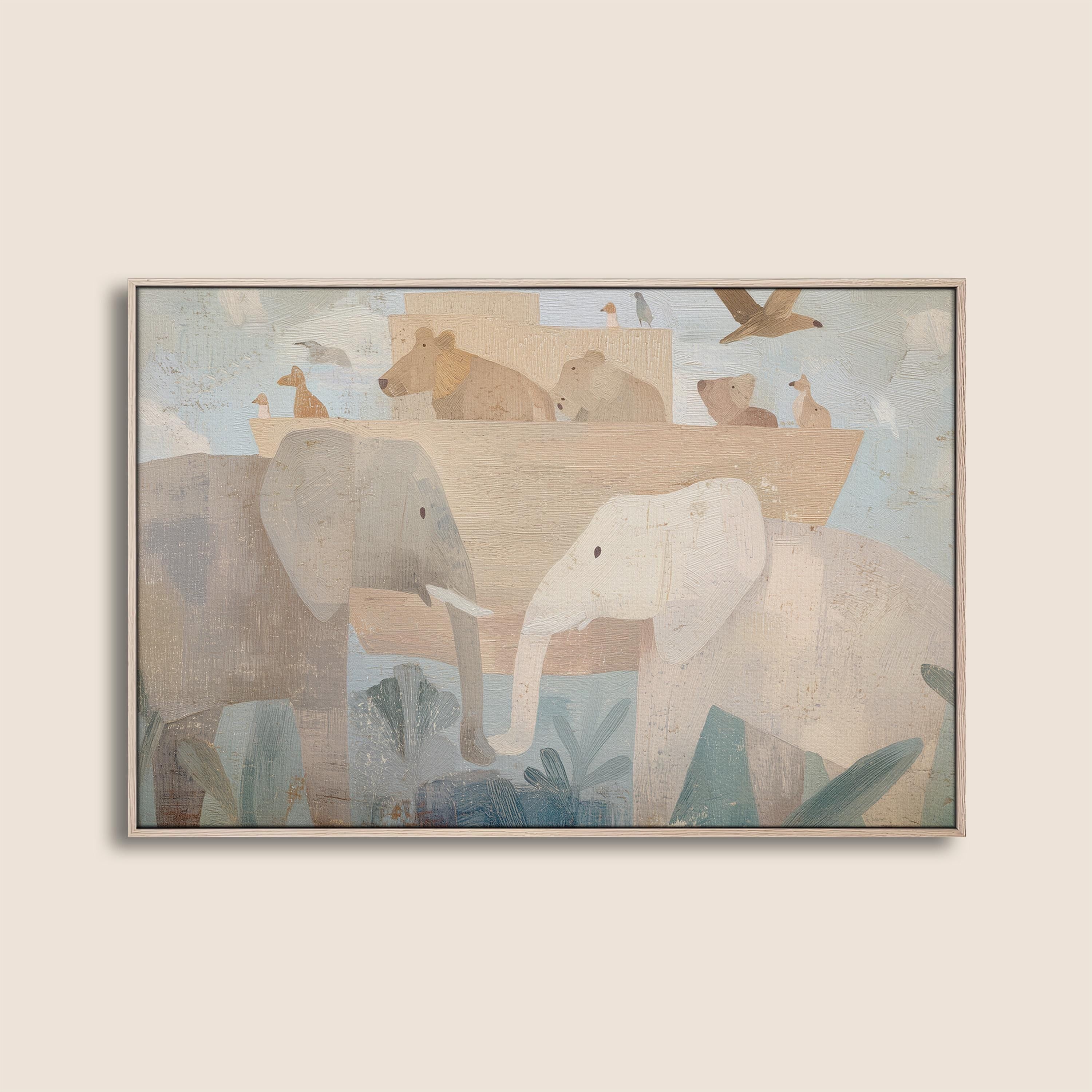 Noah’s Ark Neutral Nursery Art, Christian Animal Print, Abstract Faith Kids Room Decor