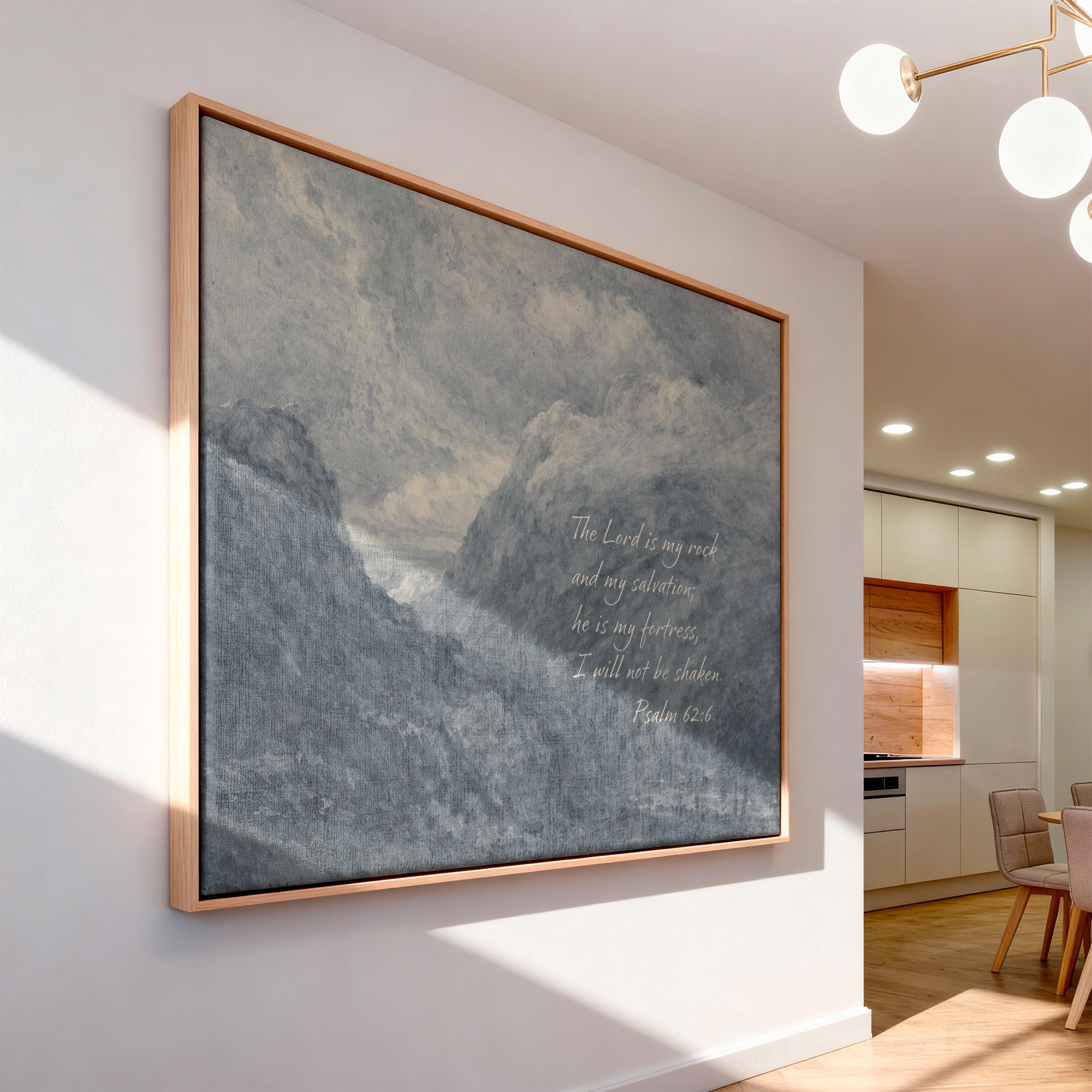 Psalm 62:6 Wall Art – The Lord Is My Rock – Blue Mountain Christian Landscape Print – Vintage Scripture Wall Decor