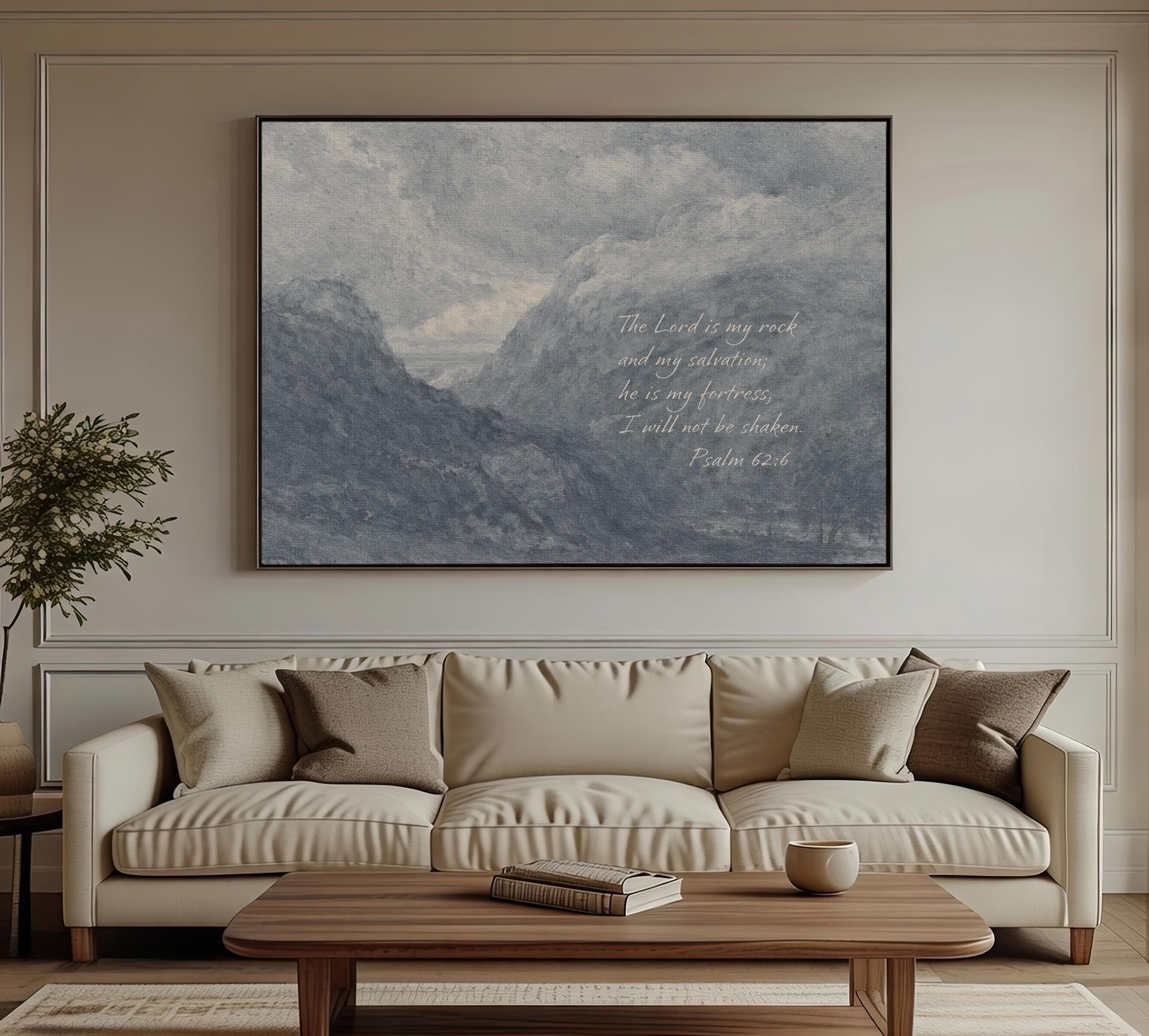 Psalm 62:6 Wall Art – The Lord Is My Rock – Blue Mountain Christian Landscape Print – Vintage Scripture Wall Decor