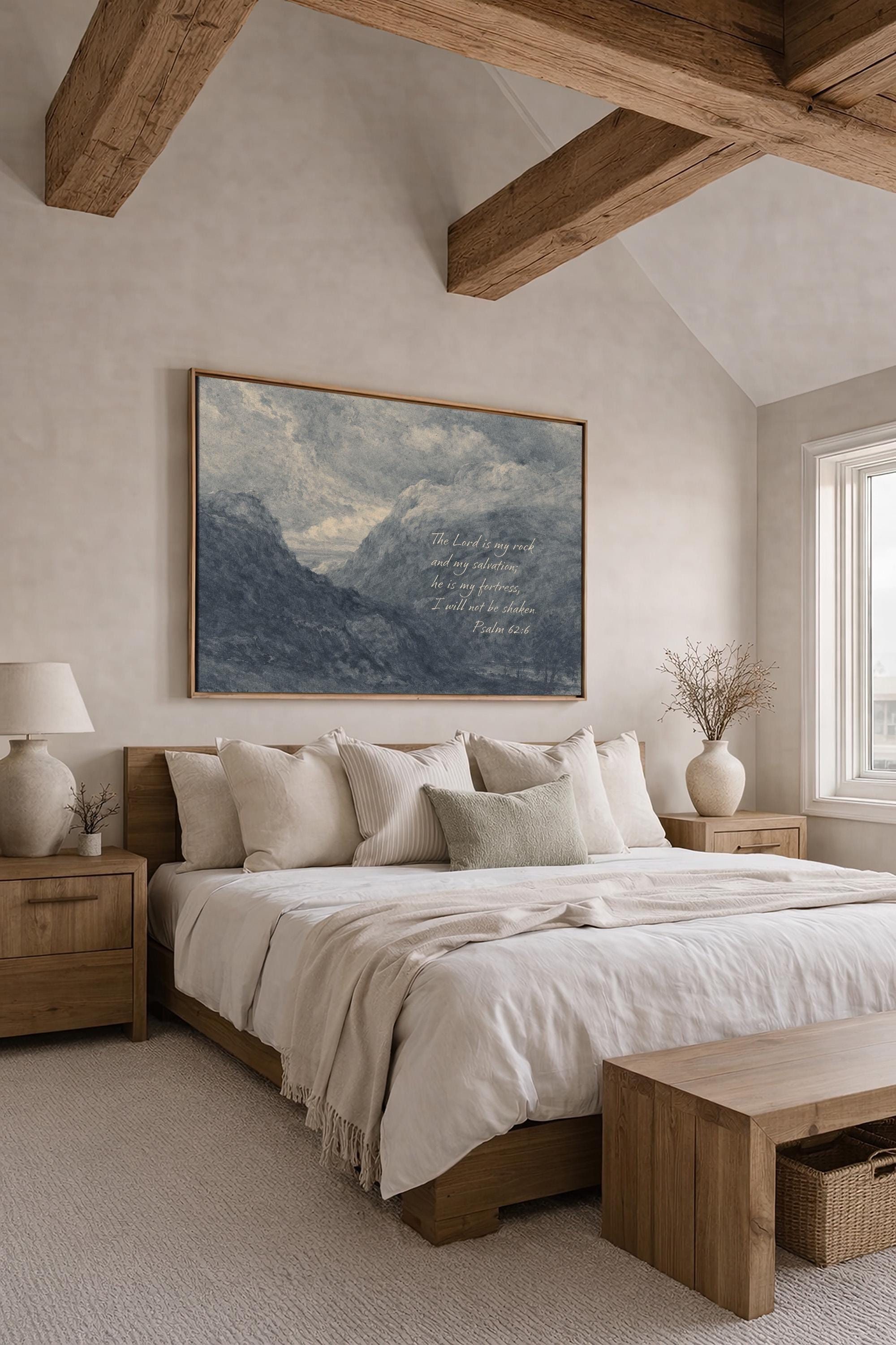 Psalm 62:6 Wall Art – The Lord Is My Rock – Blue Mountain Christian Landscape Print – Vintage Scripture Wall Decor