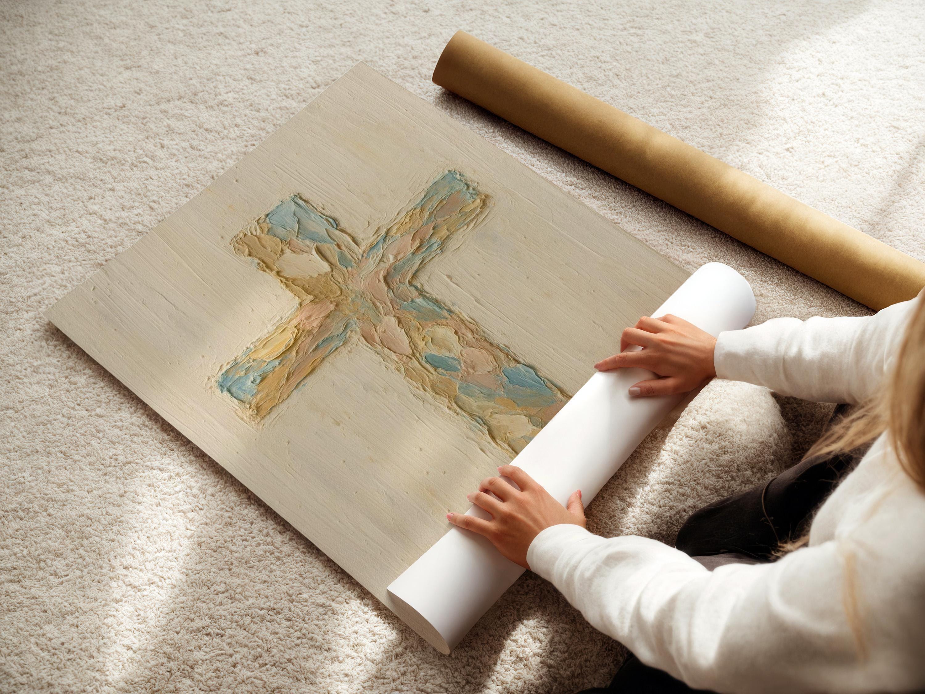 Pastel Christian Cross Art Print: Abstract Canvas-Style Look - Religious Home Decor