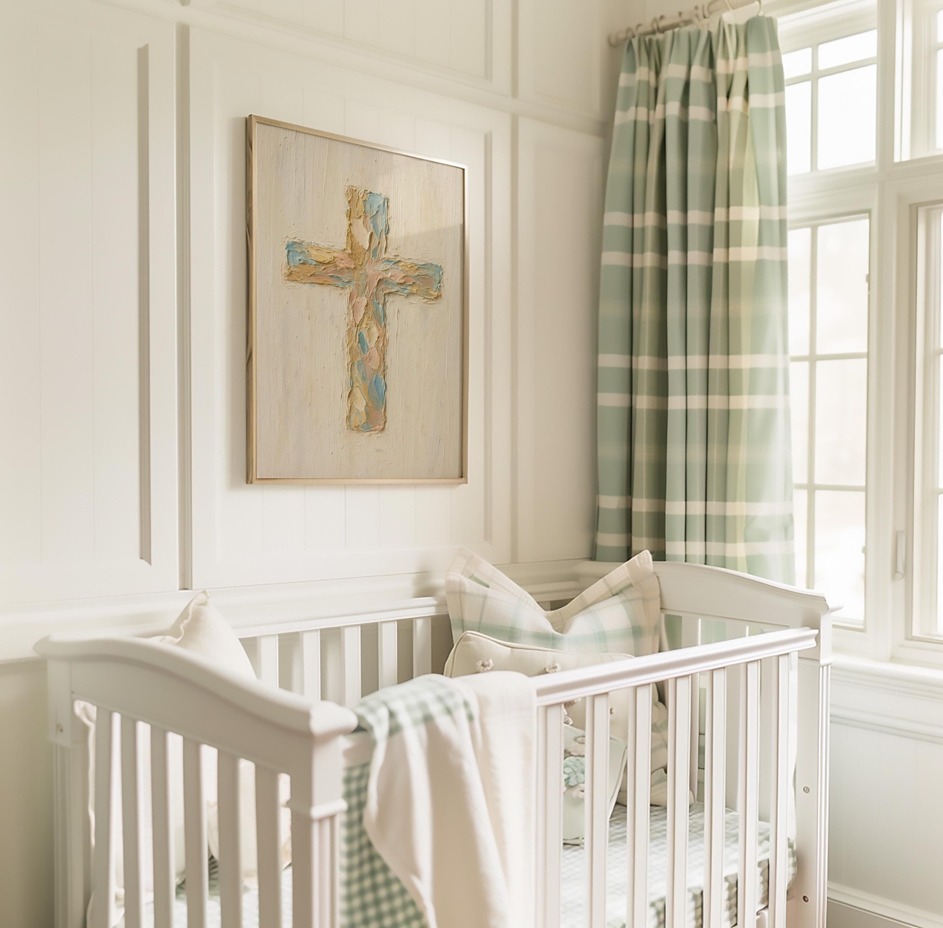 Pastel Christian Cross Art Print: Abstract Canvas-Style Look - Religious Home Decor