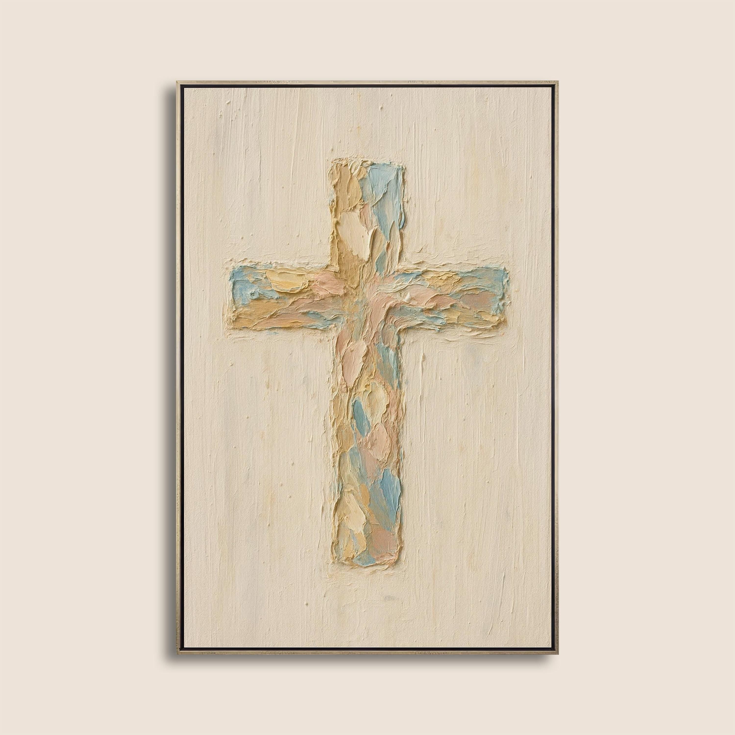 Pastel Christian Cross Art Print: Abstract Canvas-Style Look - Religious Home Decor
