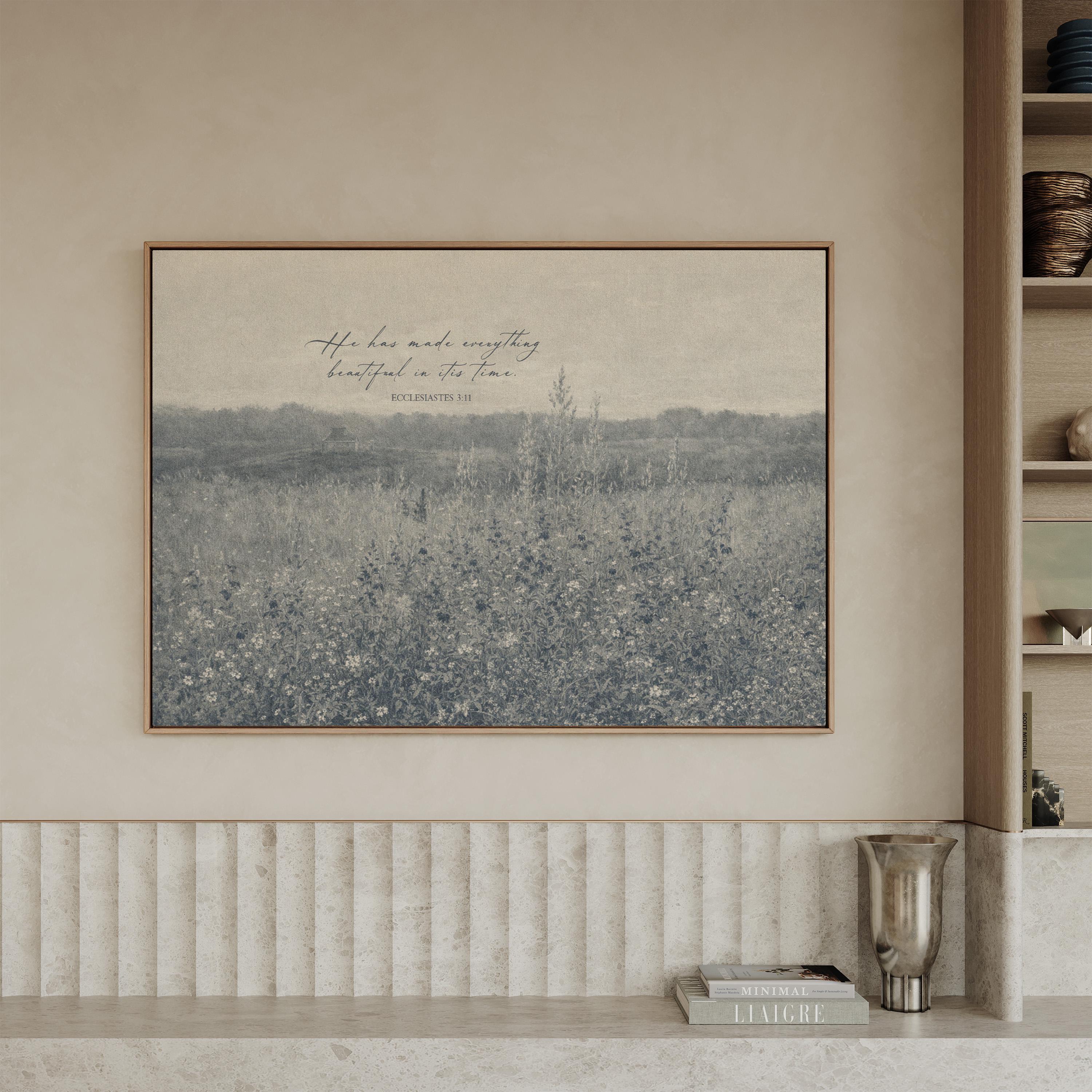 Ecclesiastes 3:11 Wall Art – He Has Made Everything Beautiful – Vintage Blue Christian Field Landscape Print – Scripture Decor