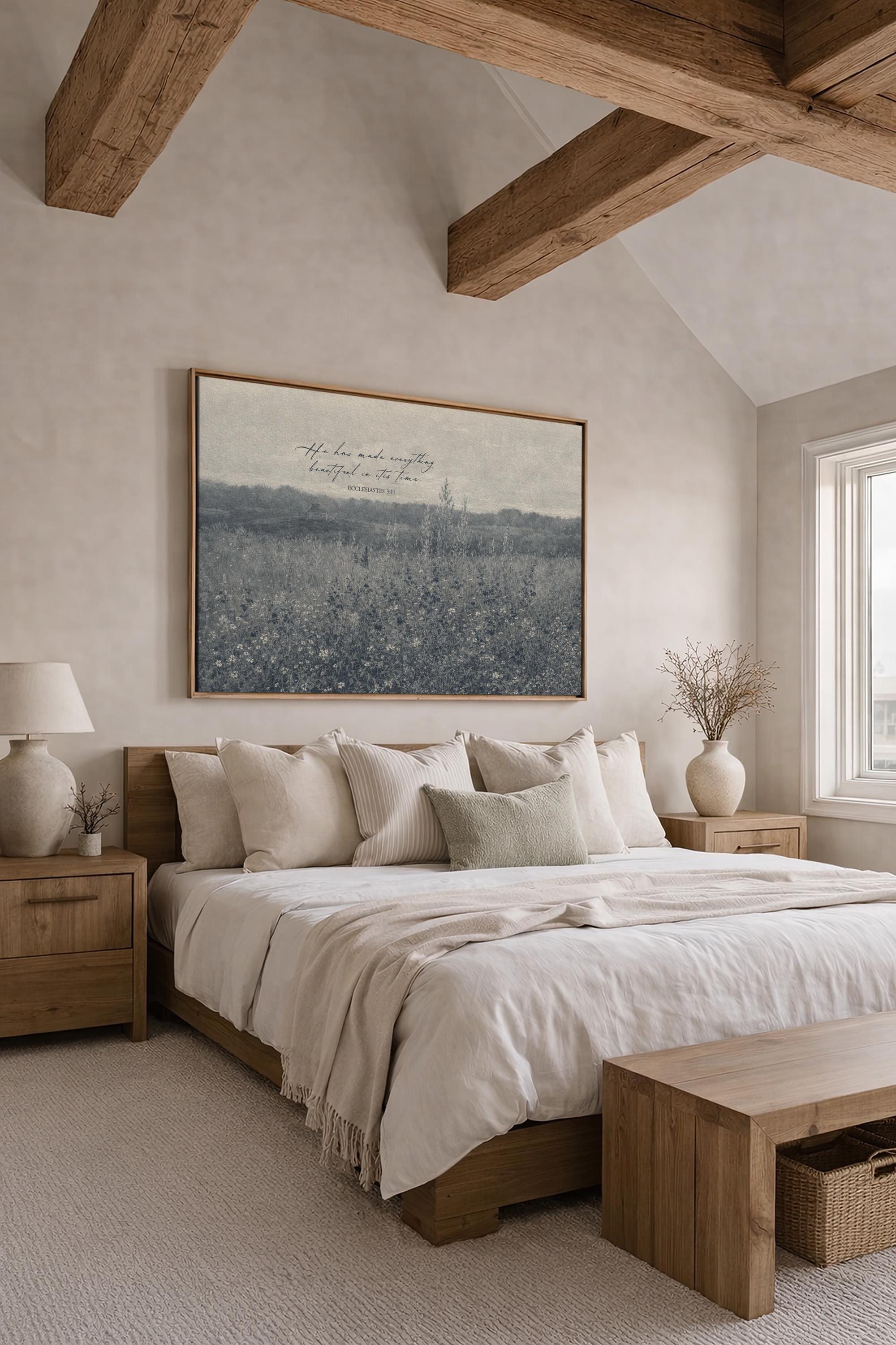 Ecclesiastes 3:11 Wall Art – He Has Made Everything Beautiful – Vintage Blue Christian Field Landscape Print – Scripture Decor