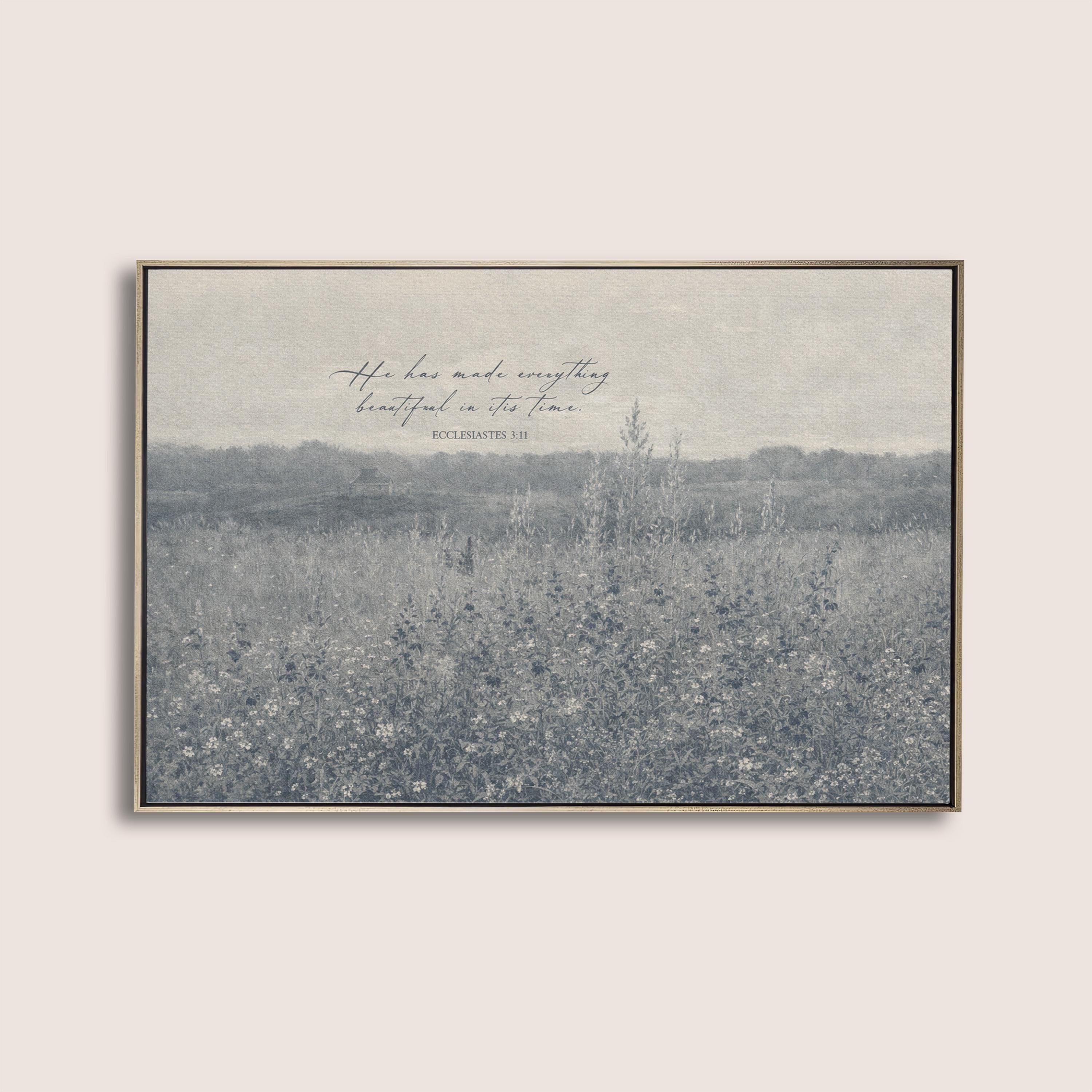 Ecclesiastes 3:11 Wall Art – He Has Made Everything Beautiful – Vintage Blue Christian Field Landscape Print – Scripture Decor