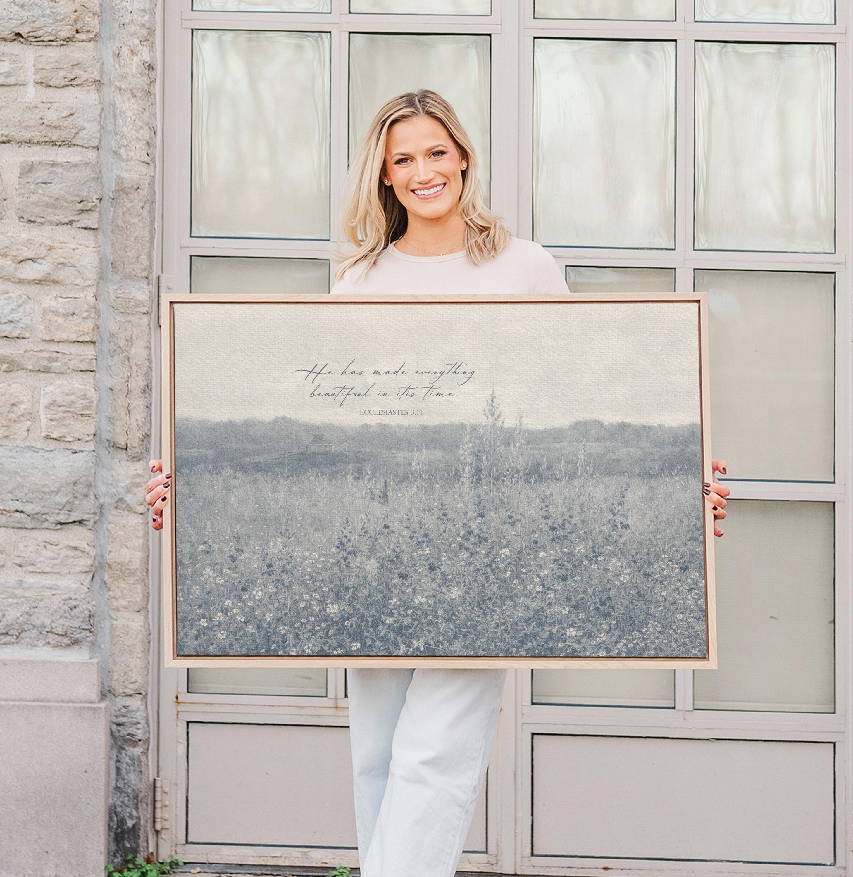 Ecclesiastes 3:11 Wall Art – He Has Made Everything Beautiful – Vintage Blue Christian Field Landscape Print – Scripture Decor