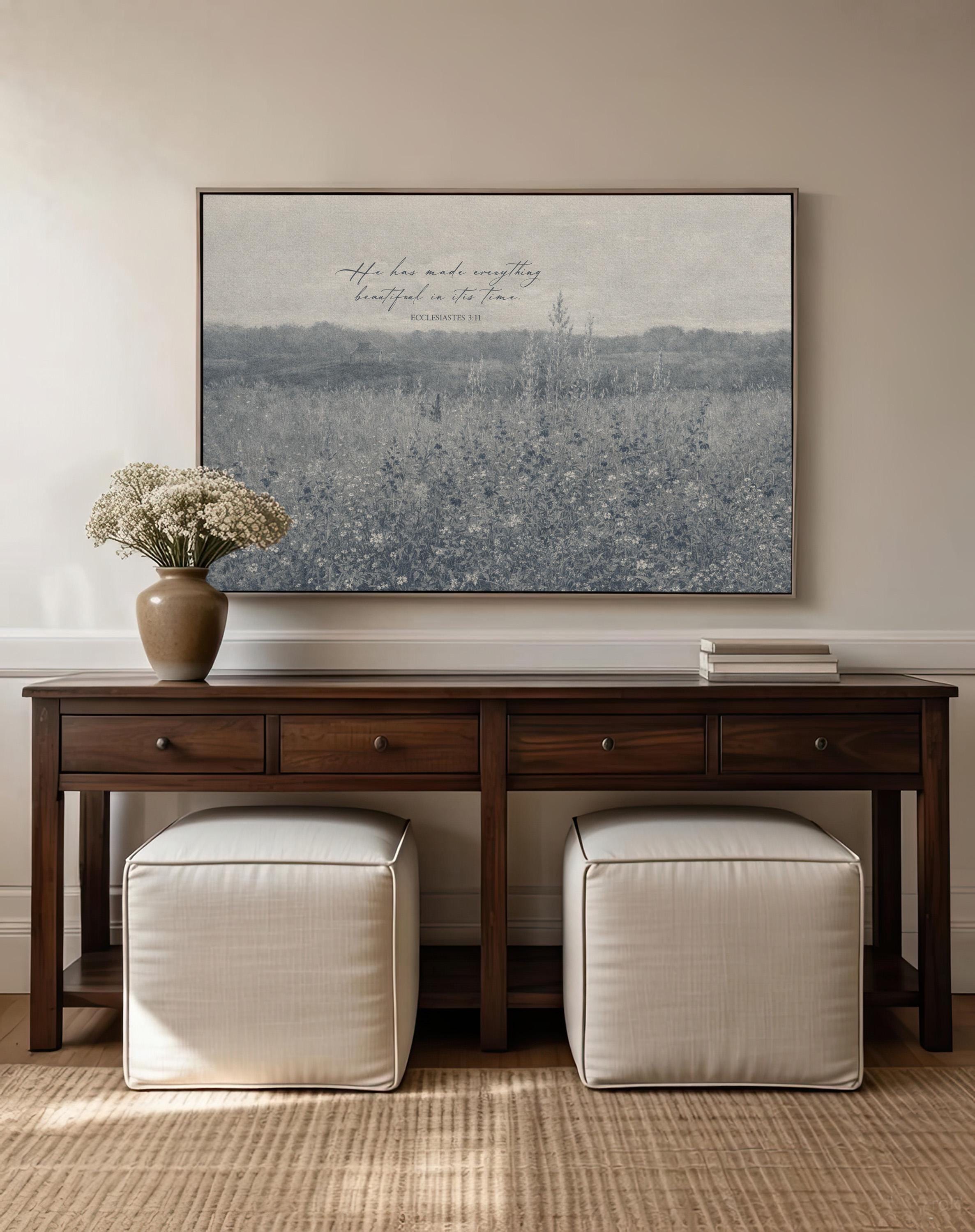 Ecclesiastes 3:11 Wall Art – He Has Made Everything Beautiful – Vintage Blue Christian Field Landscape Print – Scripture Decor