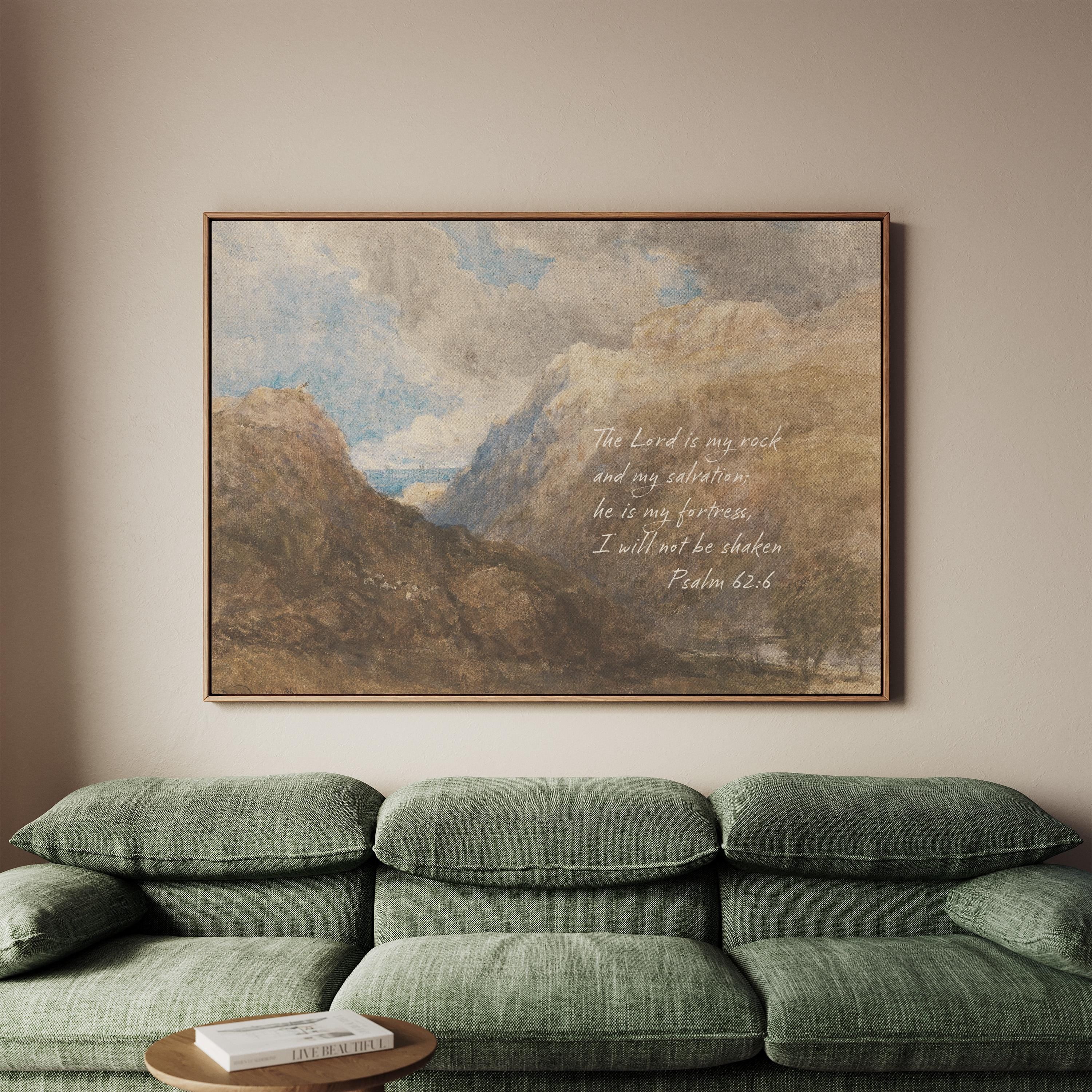 Psalm 62:6 Mountain Vintage Style Landscape | Warm Neutral Wall Art | Christian Home Decor