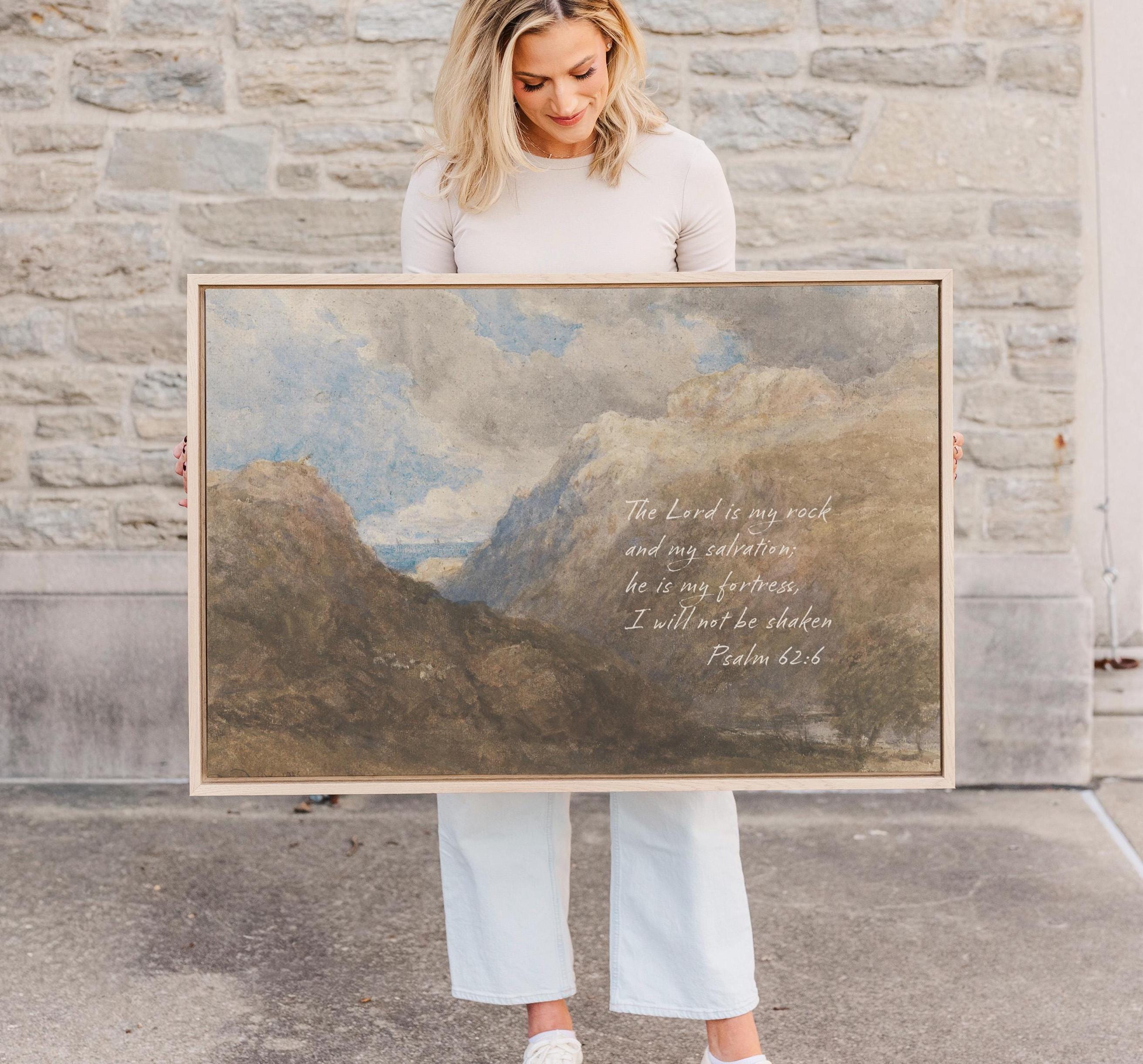 Psalm 62:6 Mountain Vintage Style Landscape | Warm Neutral Wall Art | Christian Home Decor