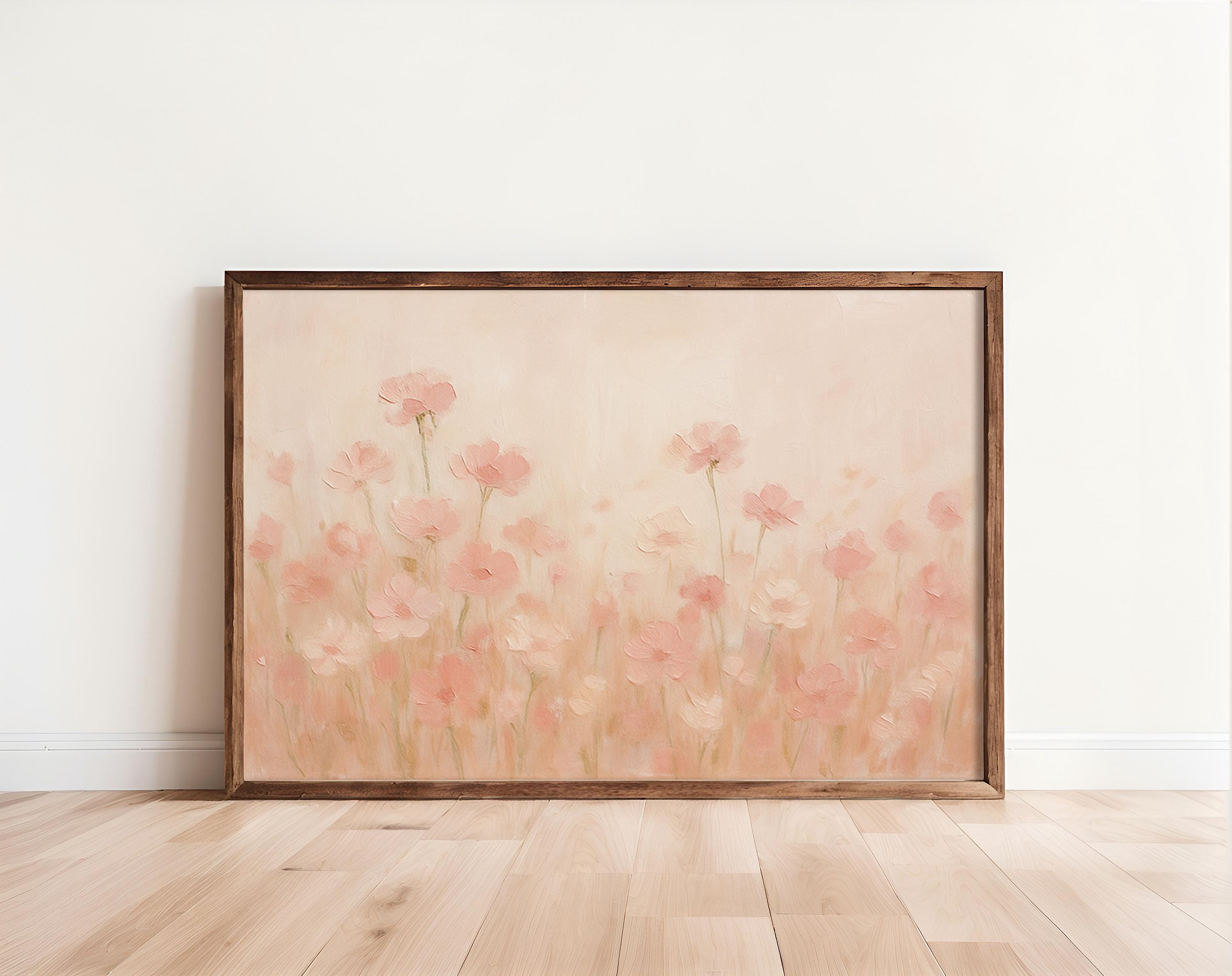 Blush Pink Flower Field Canvas Print: Romantic Pastel Wildflower Wall Art