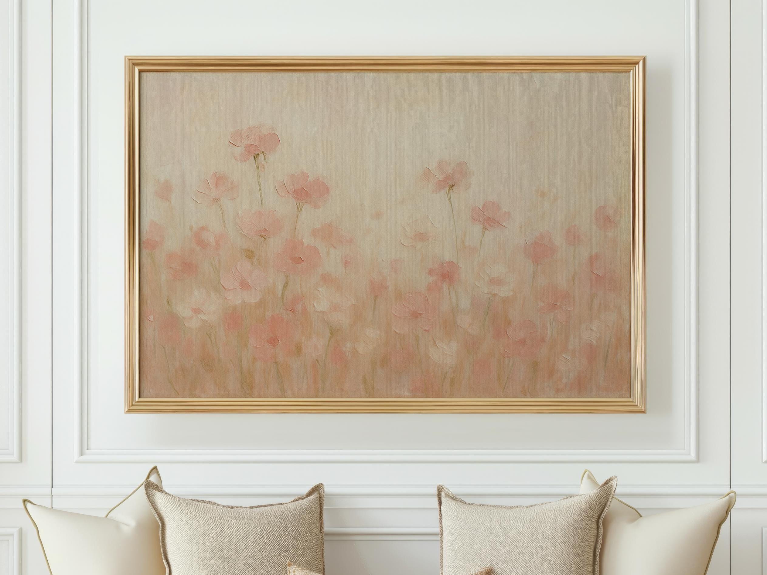 Blush Pink Flower Field Canvas Print: Romantic Pastel Wildflower Wall Art