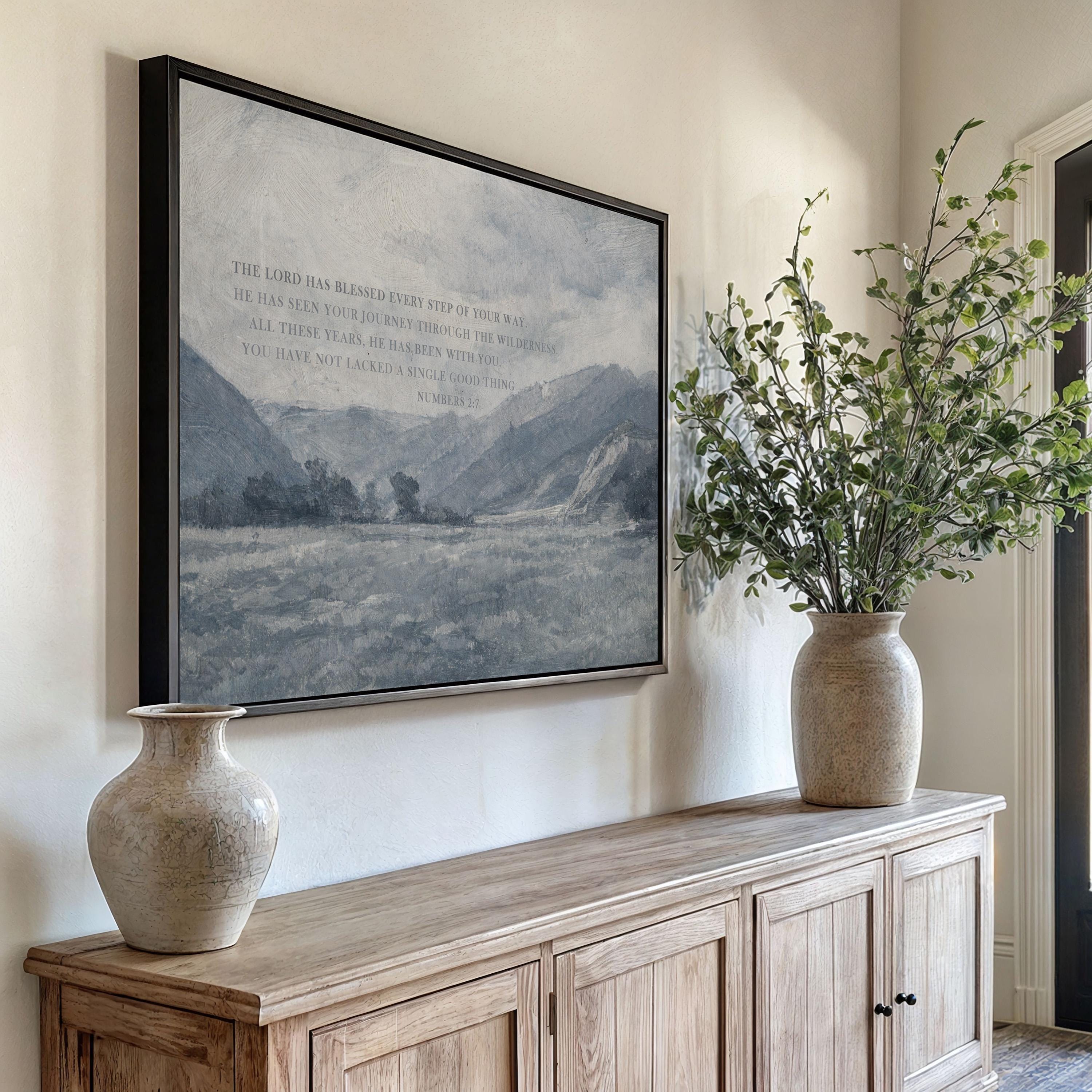 Numbers 2:7 Bible Verse Wall Art – The Lord Has Blessed Every Step – Vintage Blue Christian Landscape Print – Faith Home Decor