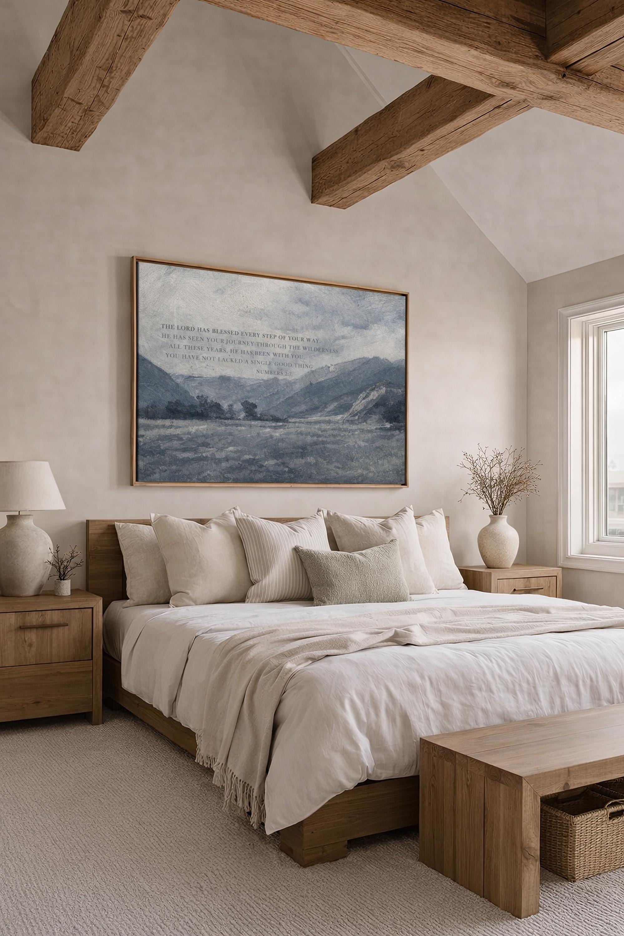 Numbers 2:7 Bible Verse Wall Art – The Lord Has Blessed Every Step – Vintage Blue Christian Landscape Print – Faith Home Decor