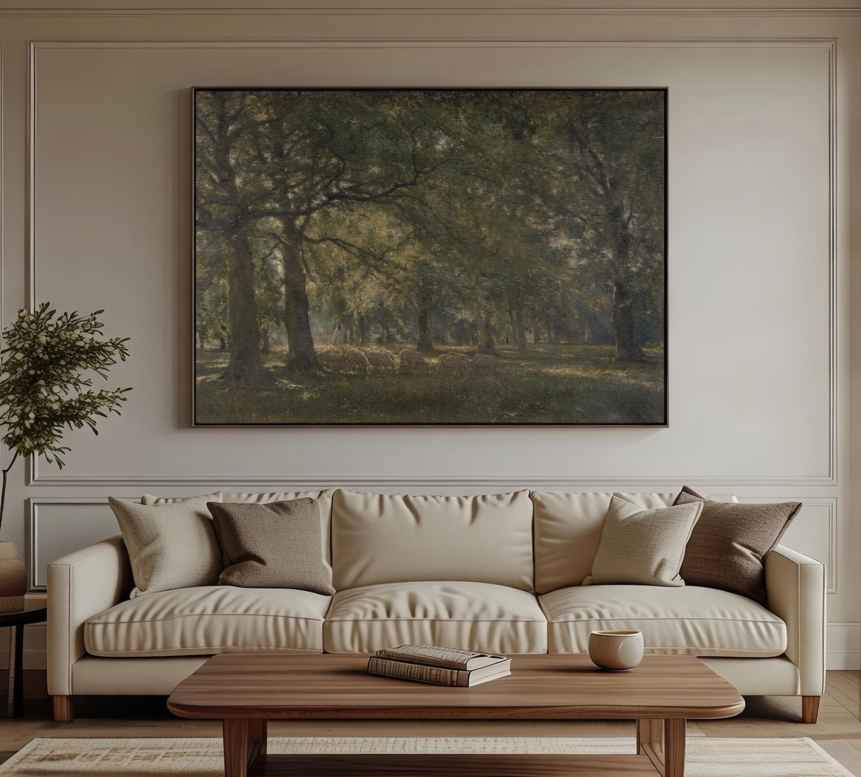 The Good Shepherd Meadow Landscape Print, Vintage Pastoral Wall Art with Sheep, Psalm 23 Inspired