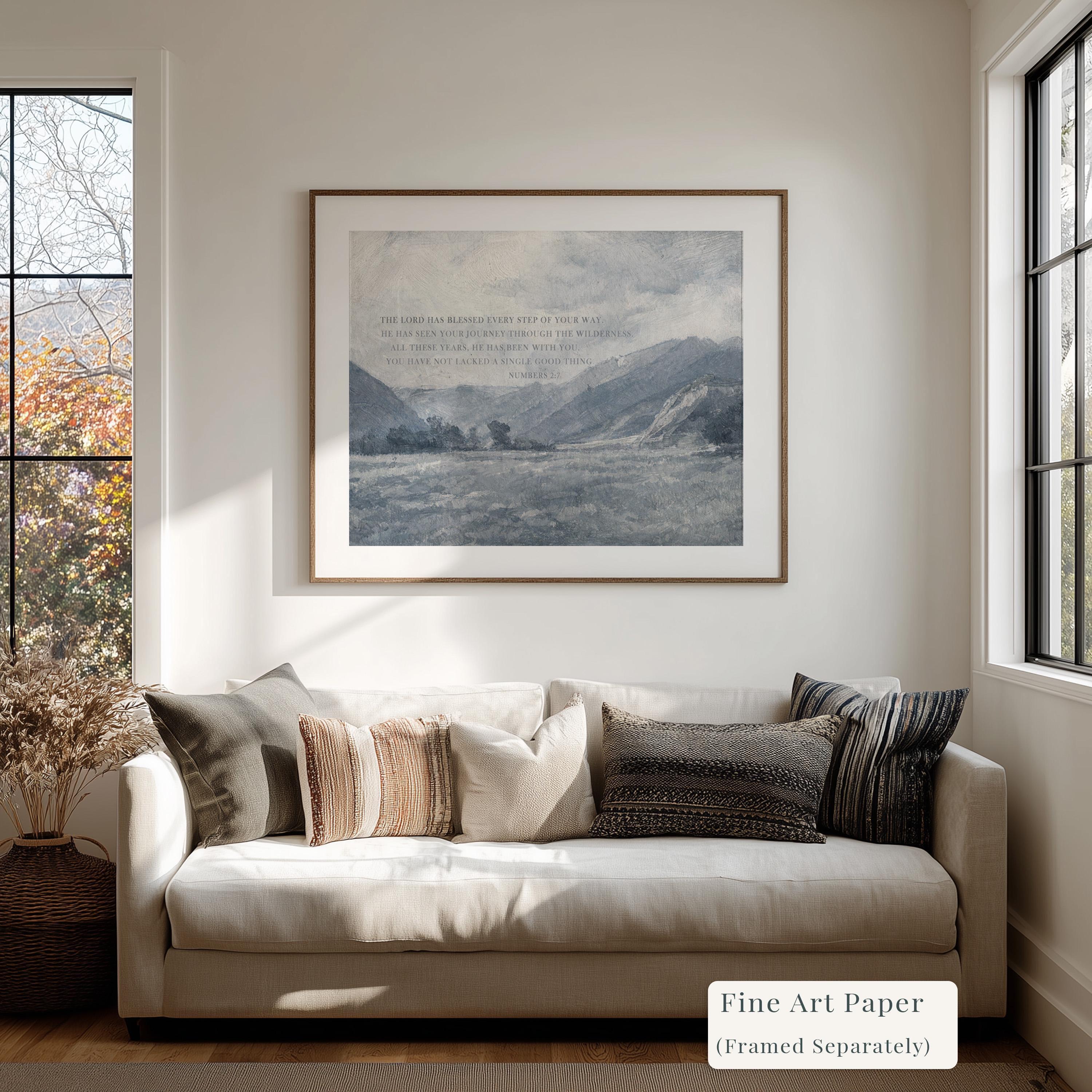 Numbers 2:7 Bible Verse Wall Art – The Lord Has Blessed Every Step – Vintage Blue Christian Landscape Print – Faith Home Decor