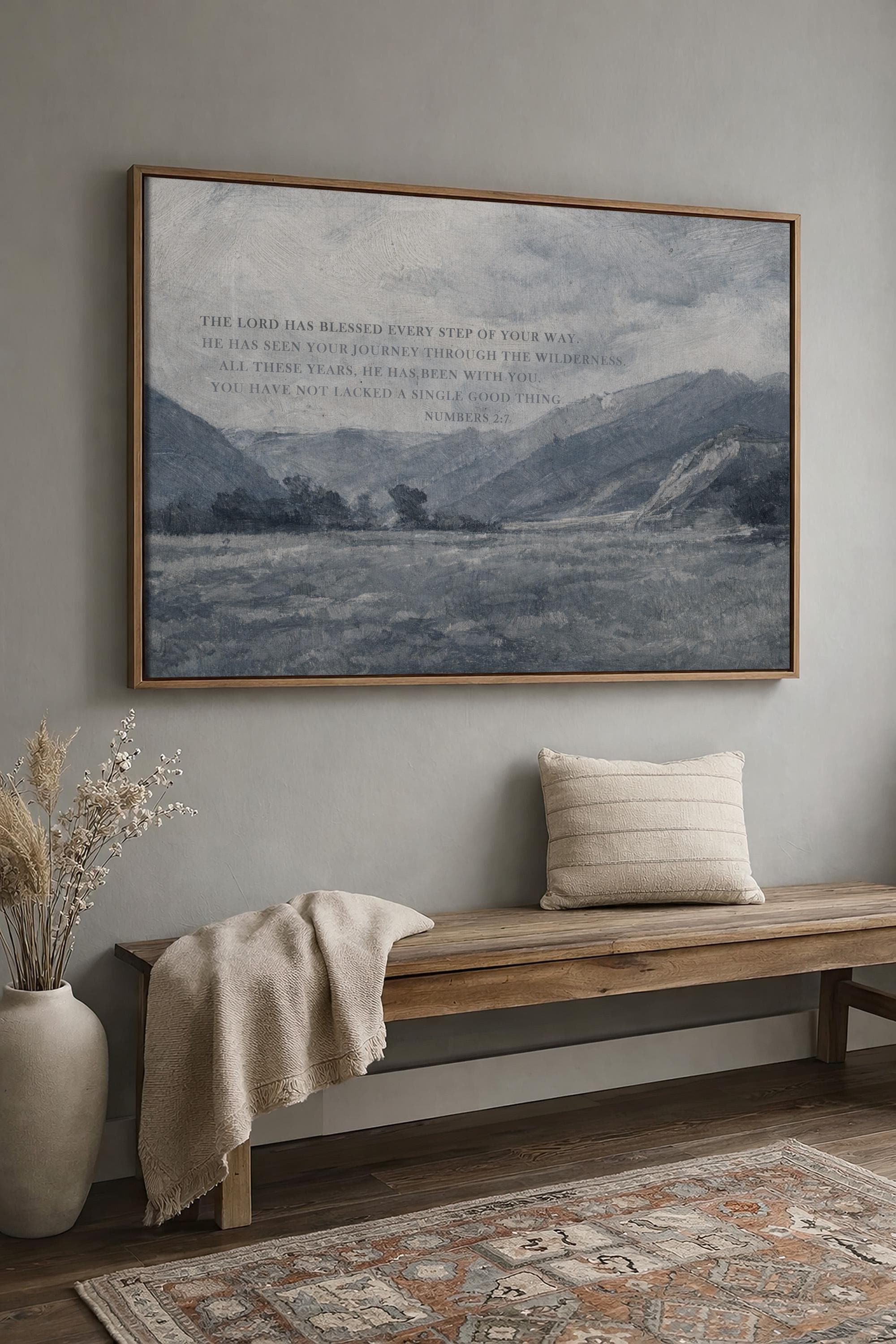 Numbers 2:7 Bible Verse Wall Art – The Lord Has Blessed Every Step – Vintage Blue Christian Landscape Print – Faith Home Decor