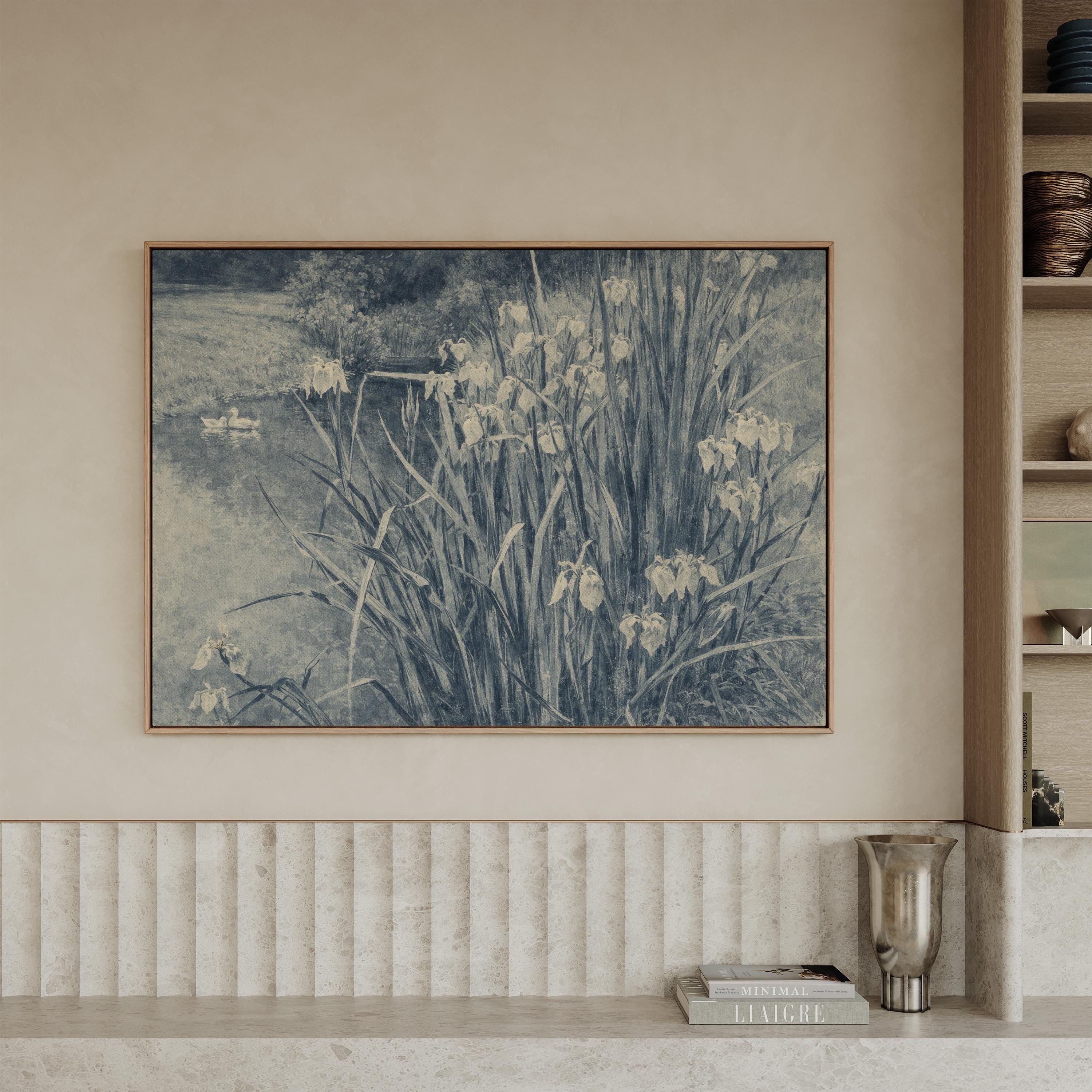 Blue Iris Pond Wall Art Print – Vintage Swan Landscape Artwork – French Country Cottage Decor – Moody Blue Nature Painting