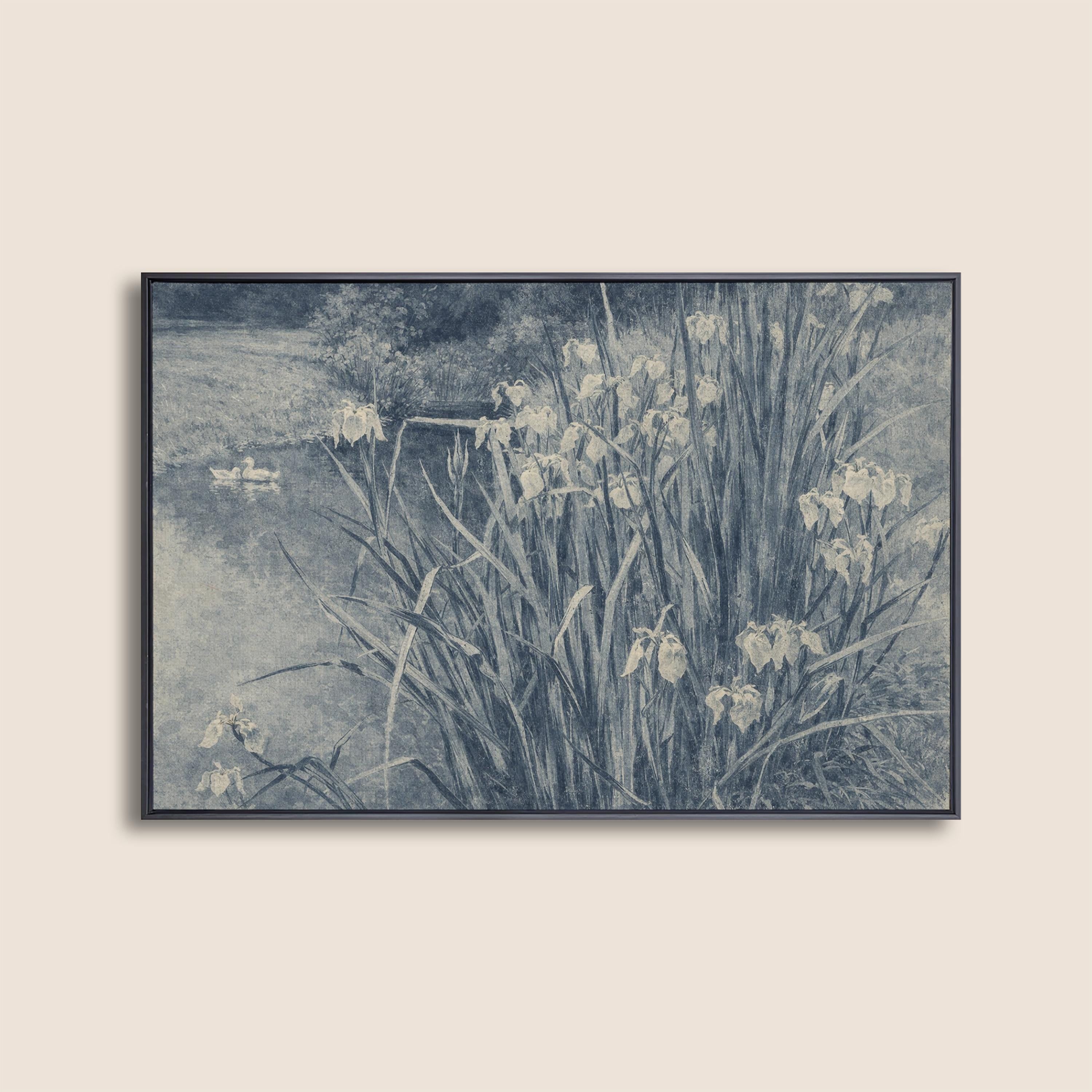 Blue Iris Pond Wall Art Print – Vintage Swan Landscape Artwork – French Country Cottage Decor – Moody Blue Nature Painting