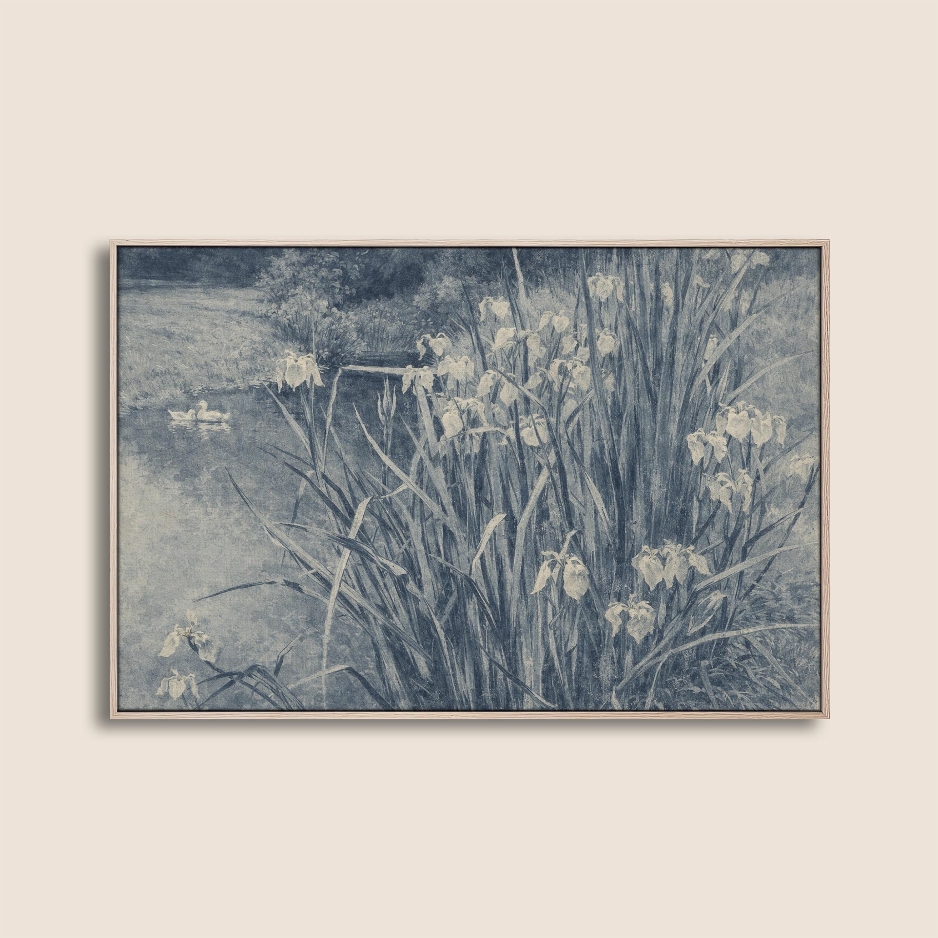 Blue Iris Pond Wall Art Print – Vintage Swan Landscape Artwork – French Country Cottage Decor – Moody Blue Nature Painting